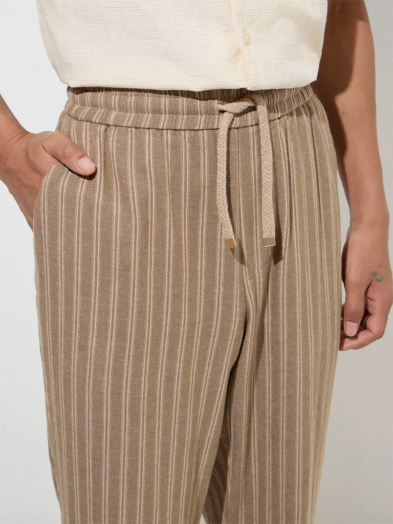 ETA Taupe Striped Relaxed-Fit Cotton-Blend Mid-Rise Chinos