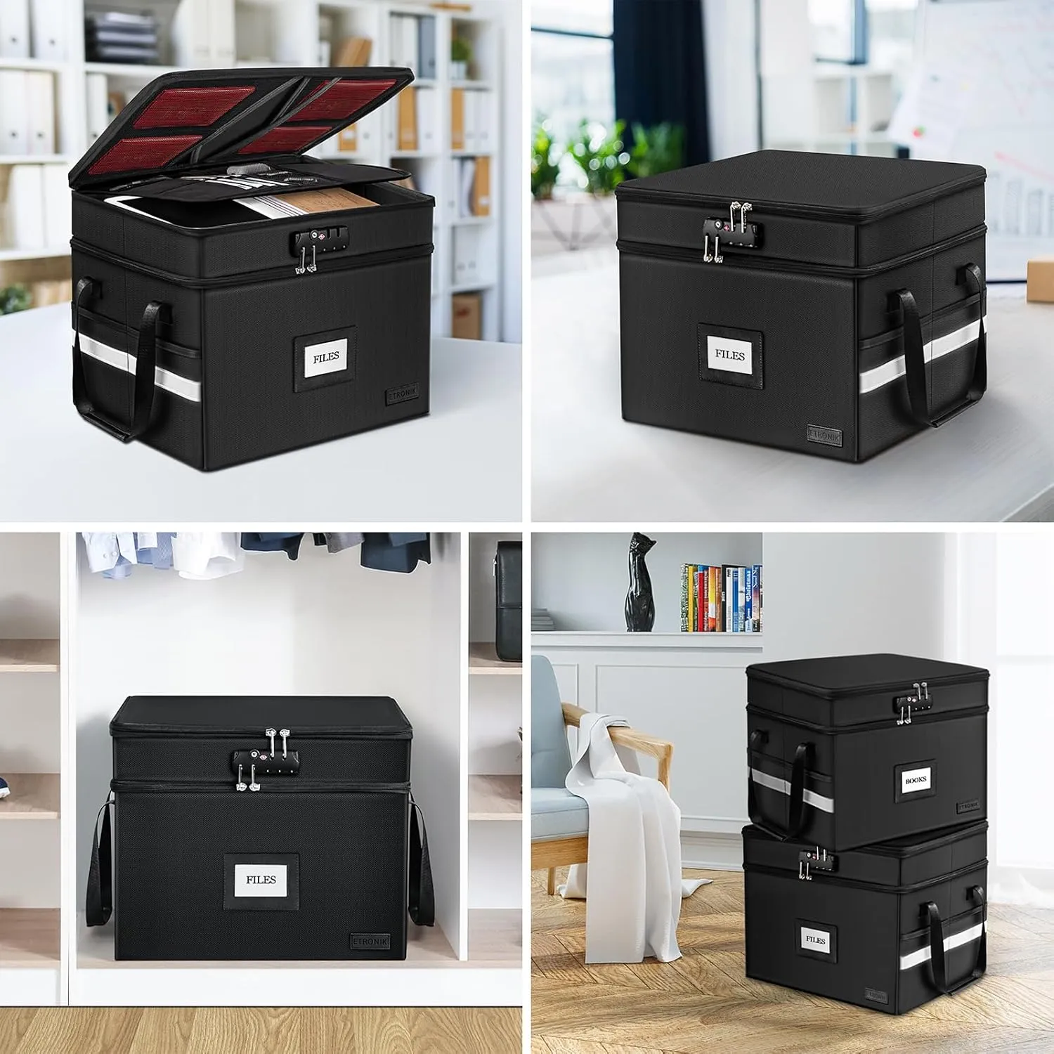 ETRONIK Fireproof Document Box with Lock, 2 Layer File Cabinet Organizer with 5 Tab Inserts, Portable Office Collapsible File Storage with Reflective Strip for Hanging Letter, Legal Size Folder