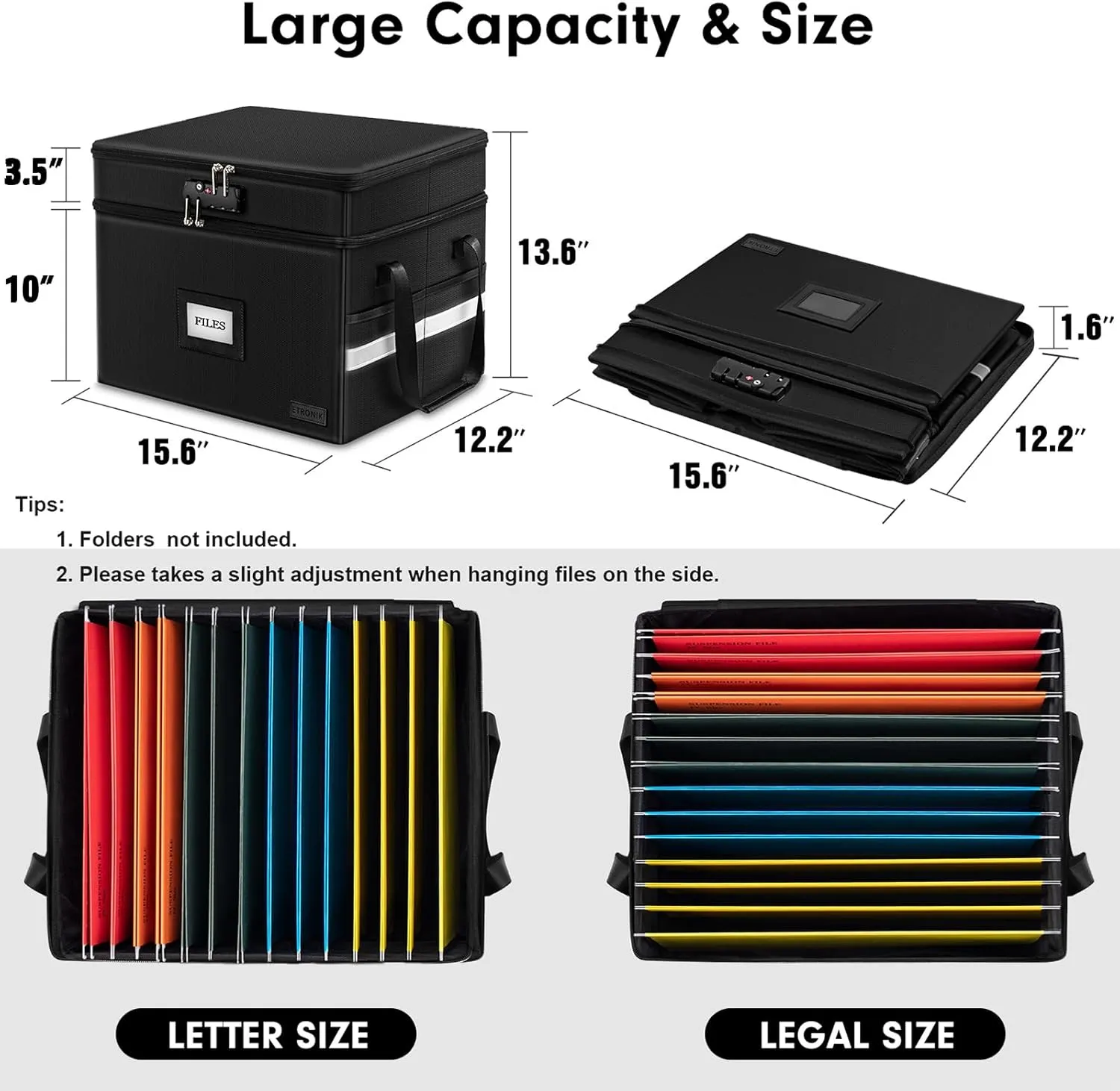 ETRONIK Fireproof Document Box with Lock, 2 Layer File Cabinet Organizer with 5 Tab Inserts, Portable Office Collapsible File Storage with Reflective Strip for Hanging Letter, Legal Size Folder
