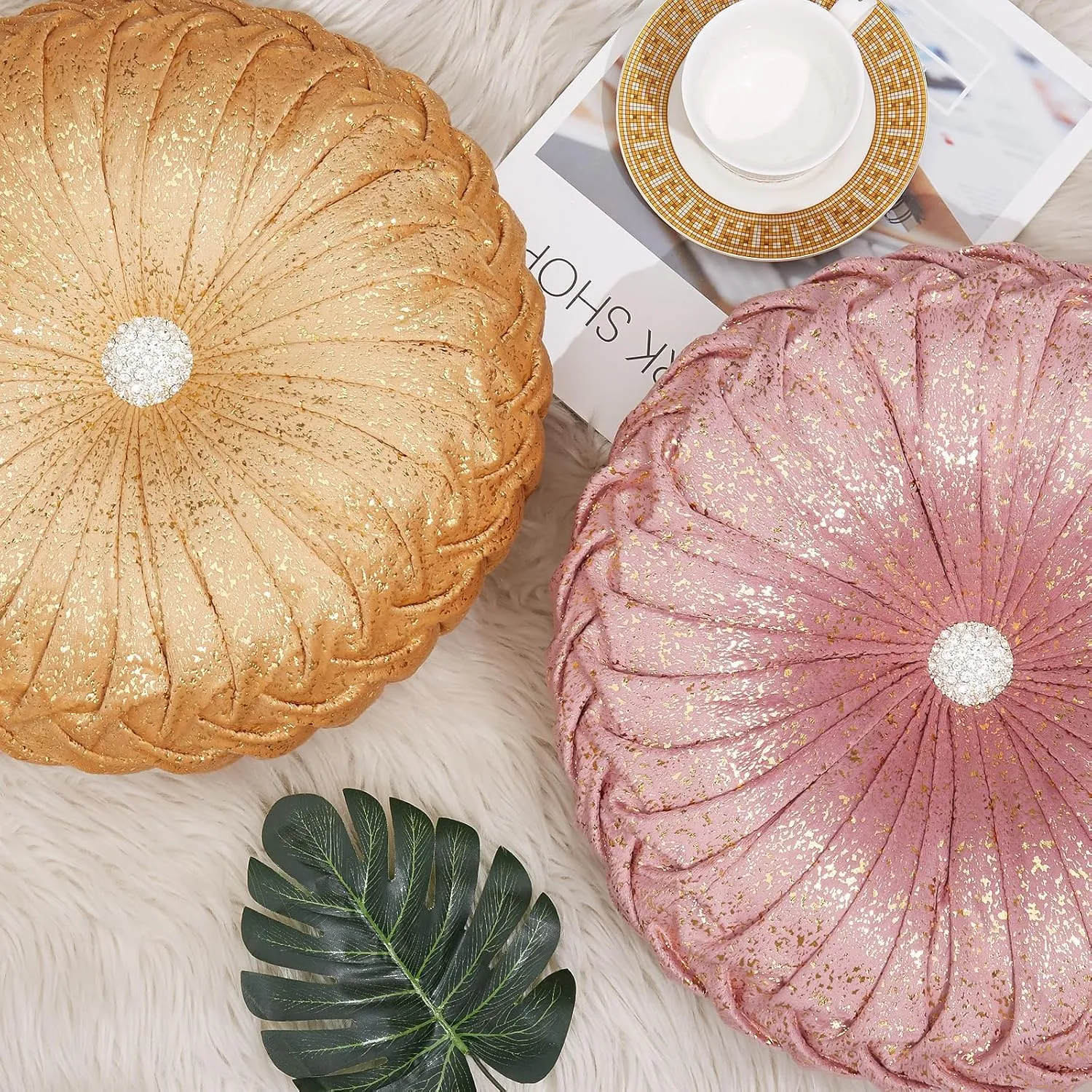 EUCIOR Round Throw Pillows,Golden Throw Pillows,Soft Spandex Velvet Fabric,Pumpkin Pleated Handmade Gold Round Velvet Decorative Pillow for Sofa Bedroom Livingroom(Golden)