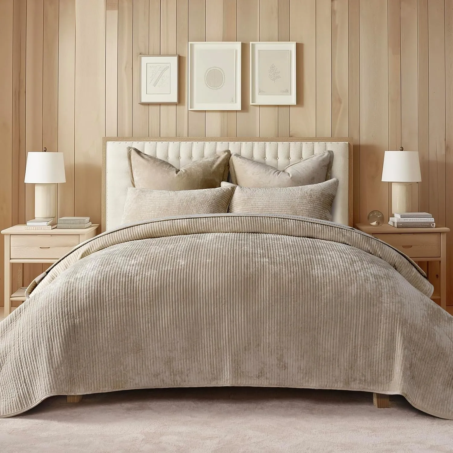 EVERGRACE Velvet Quilt Set Queen Size, Luxurious Soft Quilted Bedding Sets, Lightweight Velvet Comforter for All Season, Striped Channel Bedspread Coverlet with 2 Shams, Urban Taupe