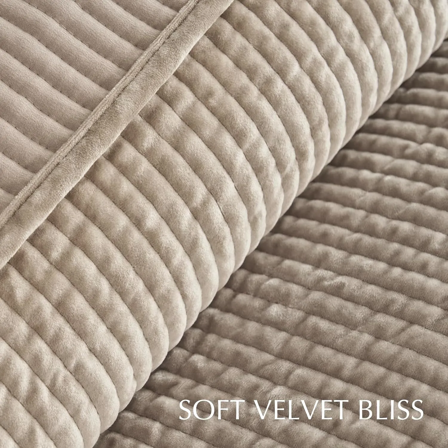 EVERGRACE Velvet Quilt Set Queen Size, Luxurious Soft Quilted Bedding Sets, Lightweight Velvet Comforter for All Season, Striped Channel Bedspread Coverlet with 2 Shams, Urban Taupe