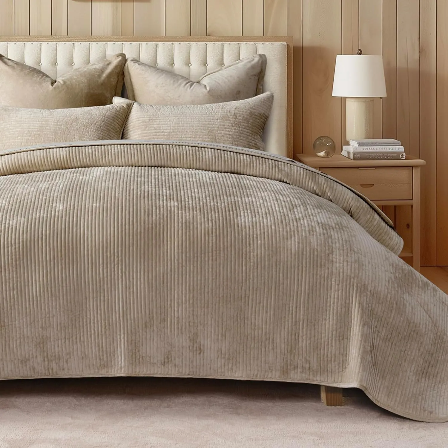 EVERGRACE Velvet Quilt Set Queen Size, Luxurious Soft Quilted Bedding Sets, Lightweight Velvet Comforter for All Season, Striped Channel Bedspread Coverlet with 2 Shams, Urban Taupe
