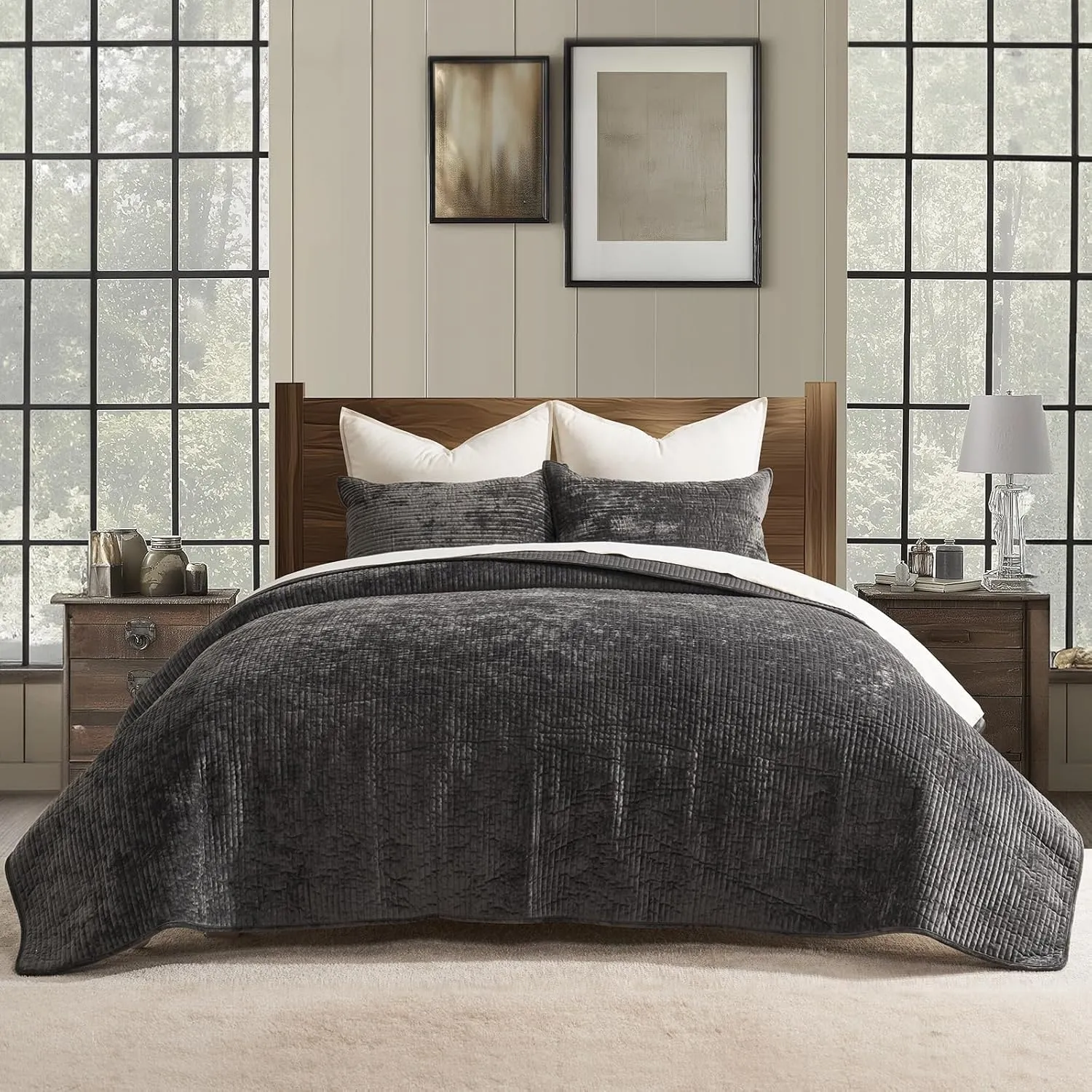 EVERGRACE Velvet Quilt Set Queen Size, Luxurious Soft Quilted Bedding Sets, Lightweight Velvet Comforter for All Season, Striped Channel Bedspread Coverlet with 2 Shams, Washed Black
