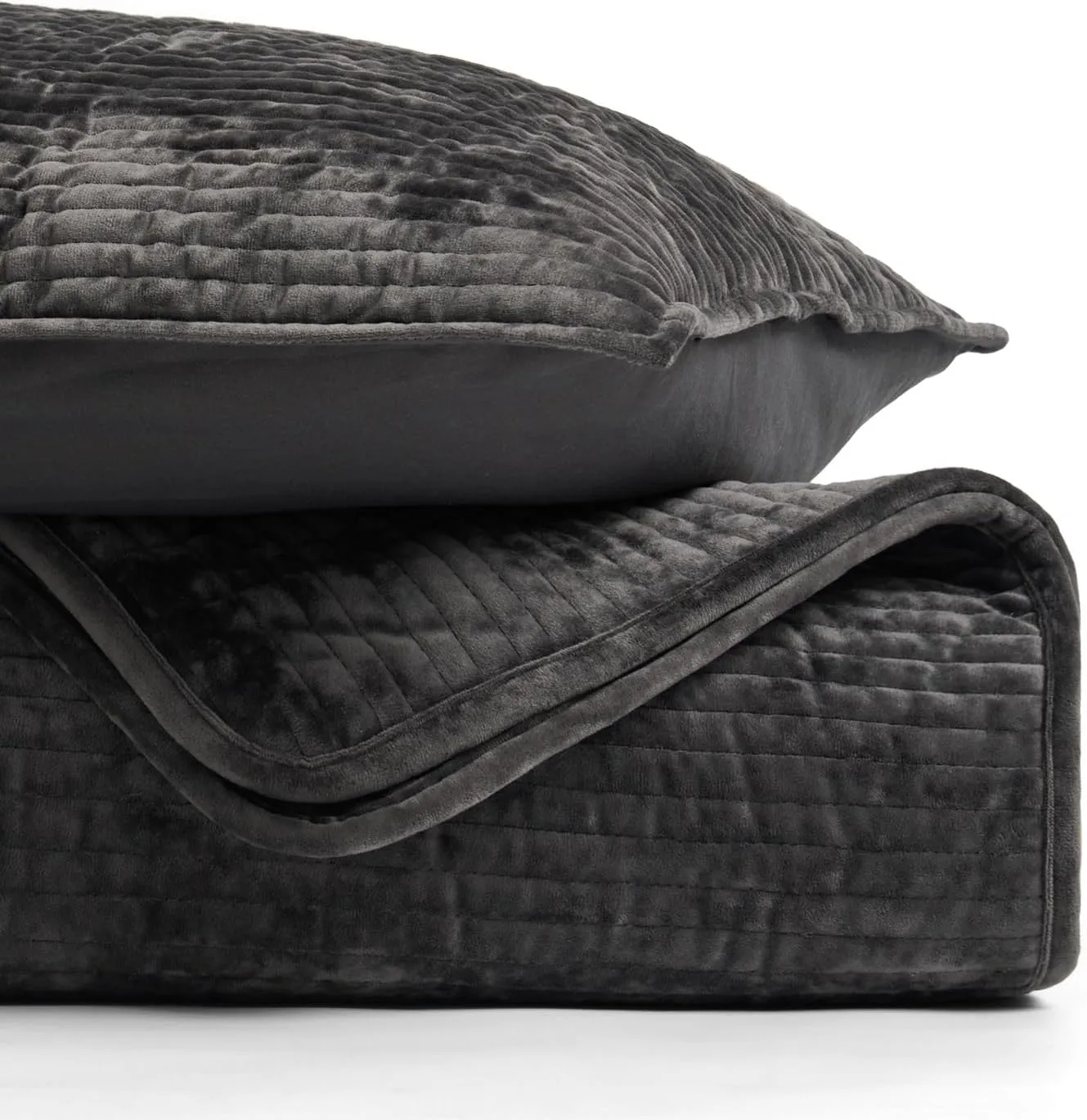 EVERGRACE Velvet Quilt Set Queen Size, Luxurious Soft Quilted Bedding Sets, Lightweight Velvet Comforter for All Season, Striped Channel Bedspread Coverlet with 2 Shams, Washed Black