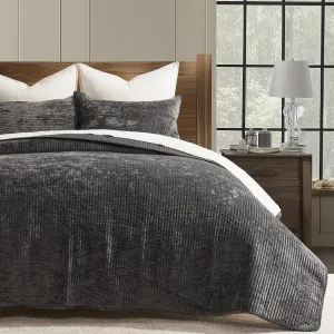 EVERGRACE Velvet Quilt Set Queen Size, Luxurious Soft Quilted Bedding Sets, Lightweight Velvet Comforter for All Season, Striped Channel Bedspread Coverlet with 2 Shams, Washed Black