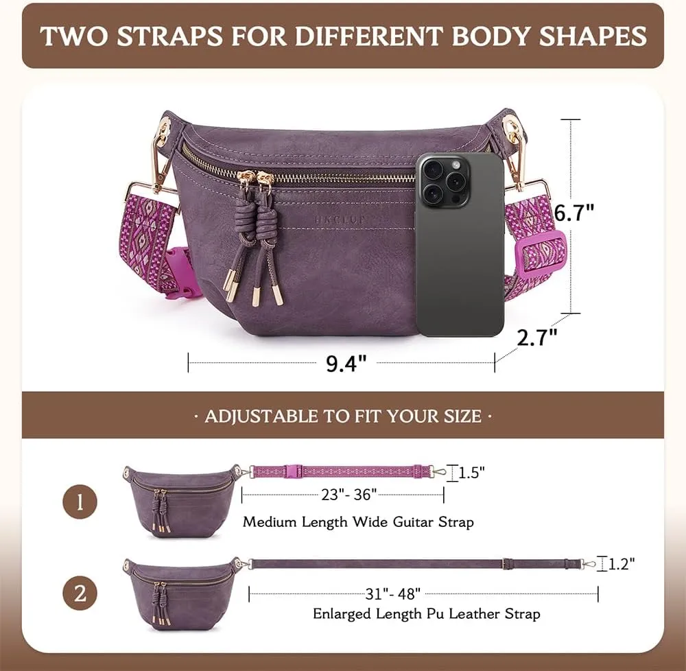 Fanny Pack Crossbody Bags for Women Vegan Leather Belt Bag Waist Pack Causal Chest Bum Bag With 2 Straps Purple
