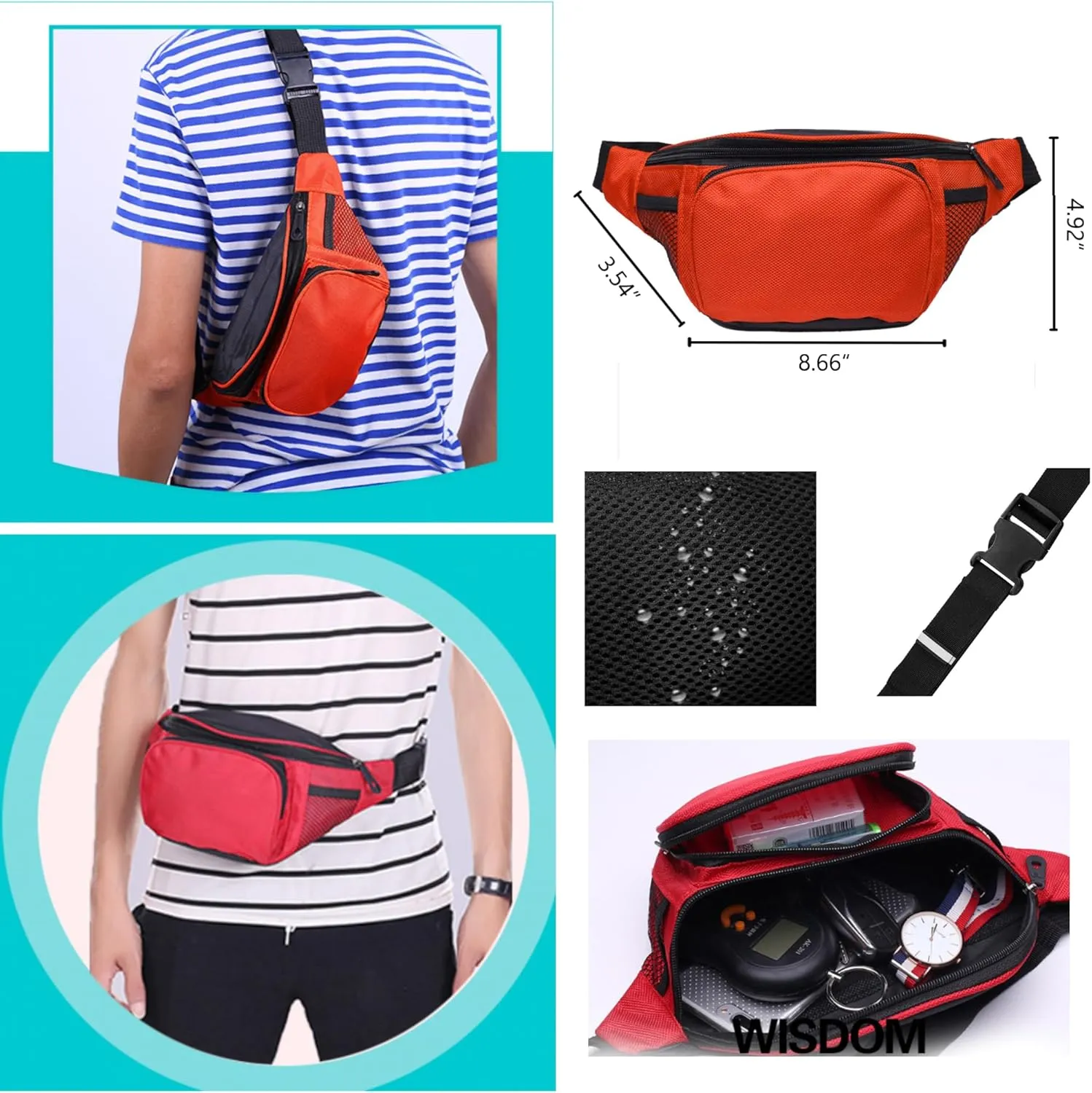 Fanny Pack For Men Women Nylon Zipper Waist Crossbody Waterproof Bag (Orange)