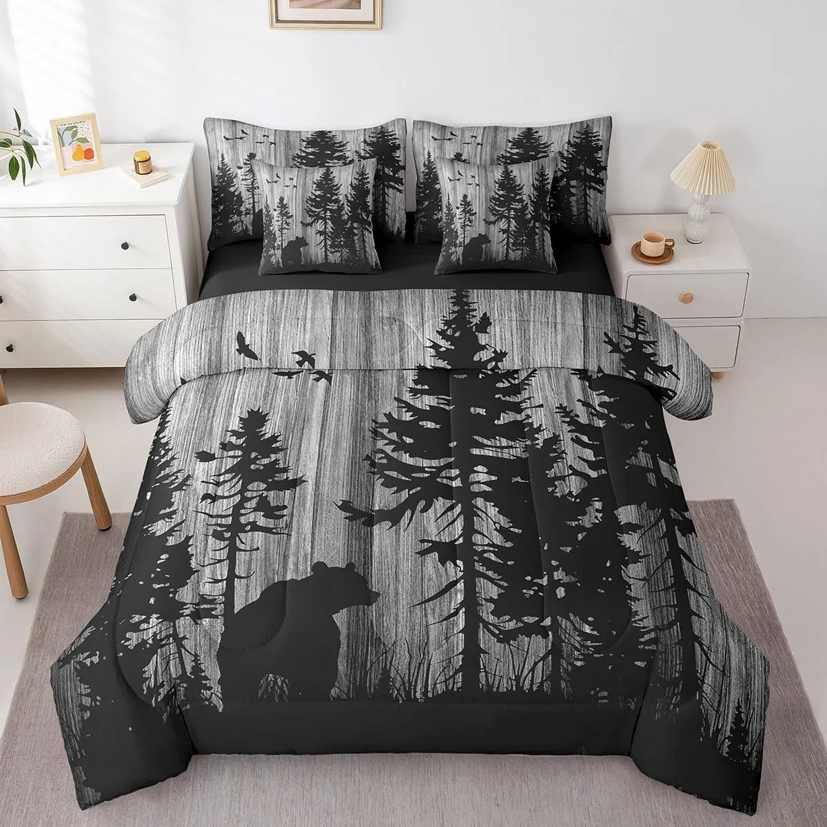 Feelyou Bear Comforter Set 7 Pieces Wild Animal Bed in a Bag Rustic Cabin Country Nature Wildlife Bear Bedding Set King Size Bedroom Decor Grey Tree Bed Set with Comforter, Sheet Set, Pillowcases