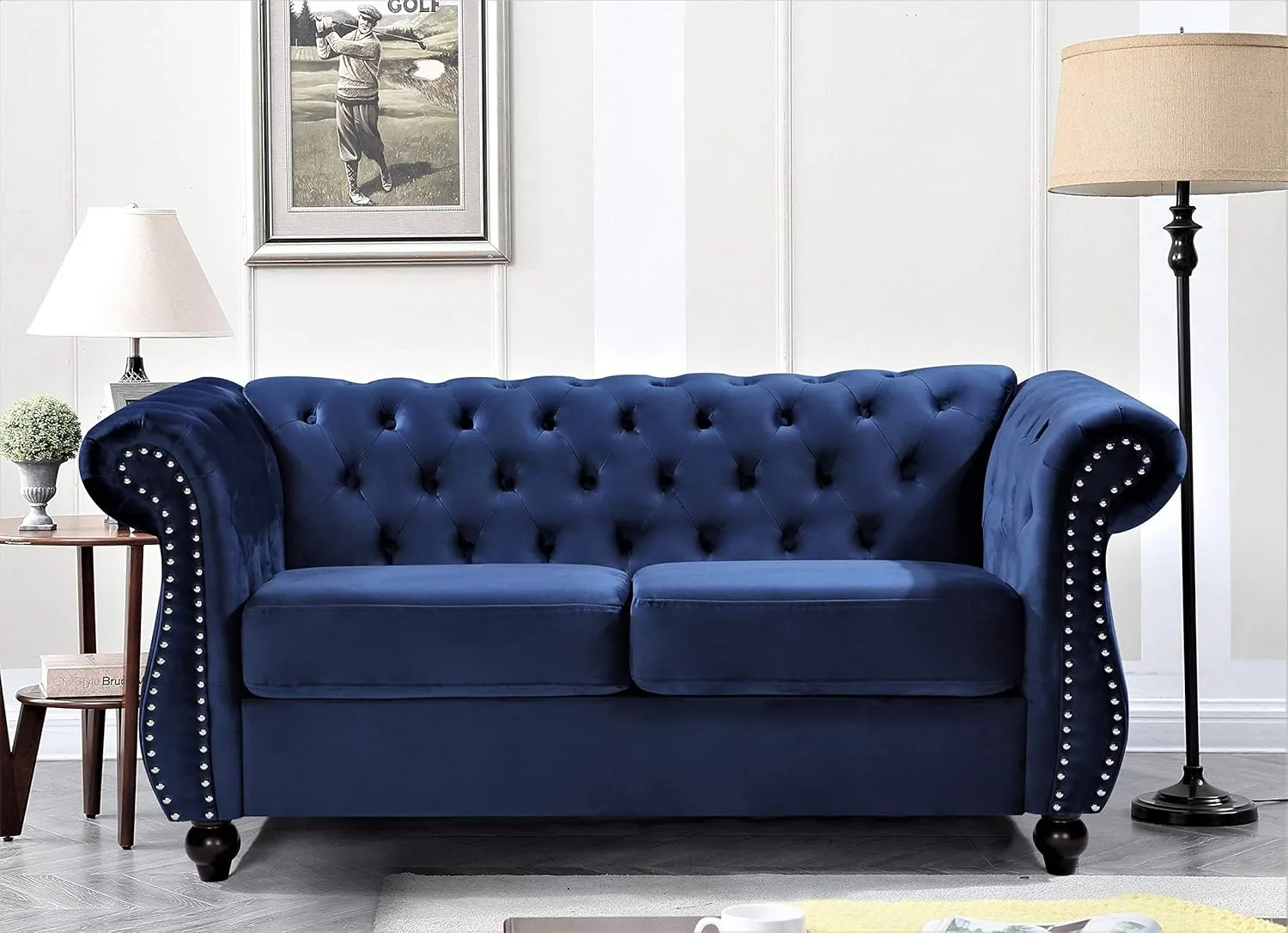 Feinstein Modern Velvet Chesterfield Couches for Living Room with Nailheads, Diamond Tufting & Durable Metal Frame, Chair, Loveseat & Sofa, Dark Blue