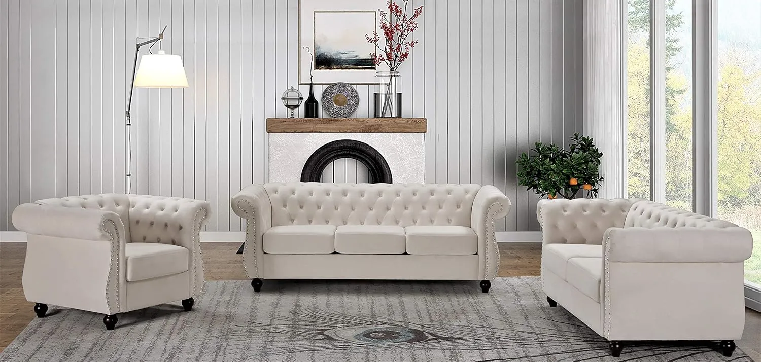 Feinstein Modern Velvet Chesterfield Couches for Living Room with Nailheads, Diamond Tufting & Durable Metal Frame, Chair, Loveseat & Sofa, Ivory