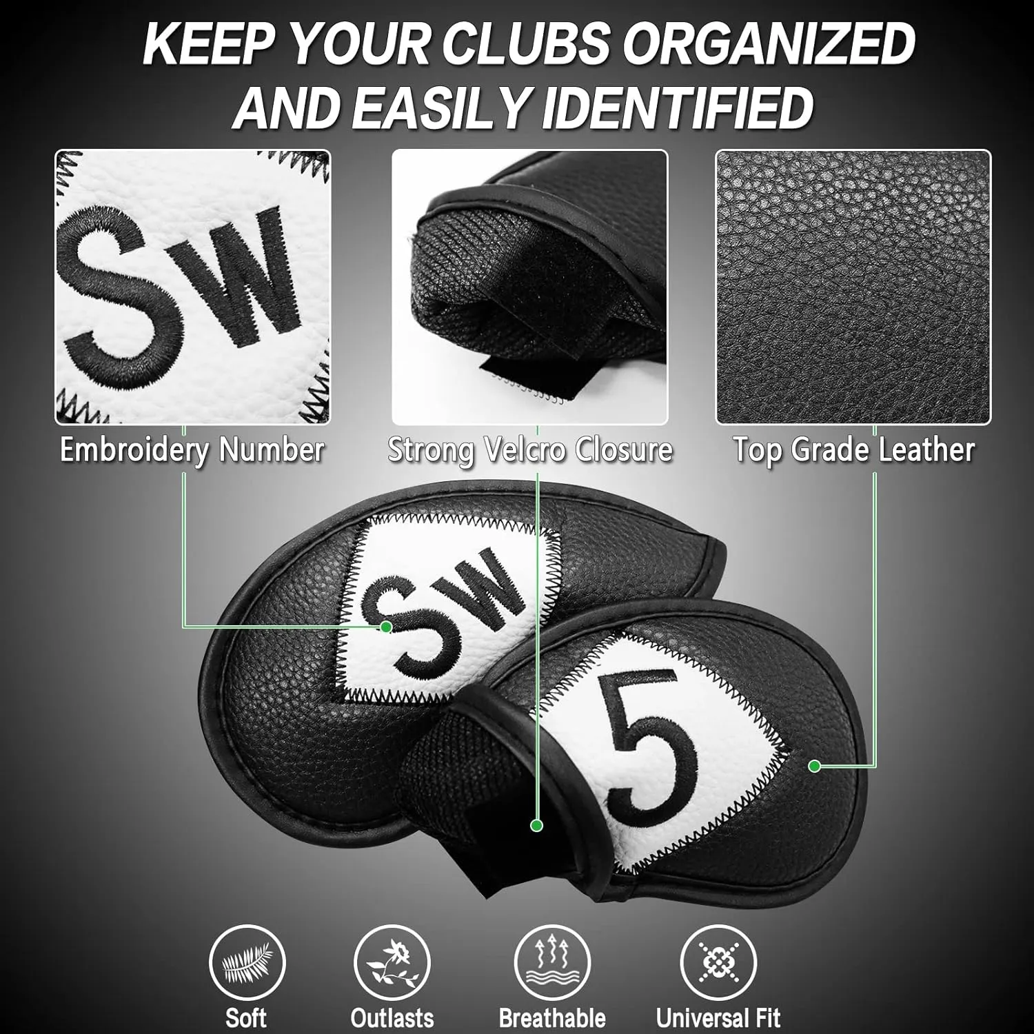 FINGER TEN Golf Iron Head Covers Value 12 Piece Set, Synthetic Leather Deluxe Club Headcover, Universal Fit Main Iron Clubs Gift Set