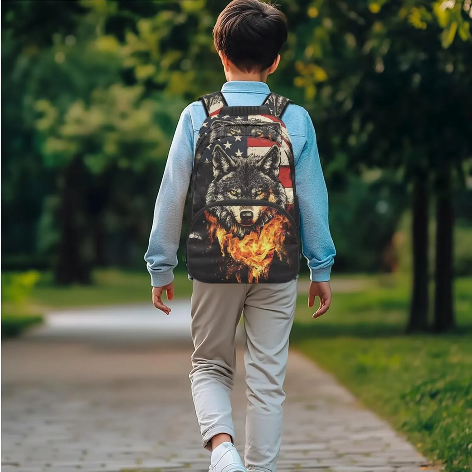 Fire Wolf Backpack for Girls School Bags with Lunch Bag Pencil Case and Water Bottle Holder American Flag Bookbag Purse Large Capacity School Supplies 4 in 1