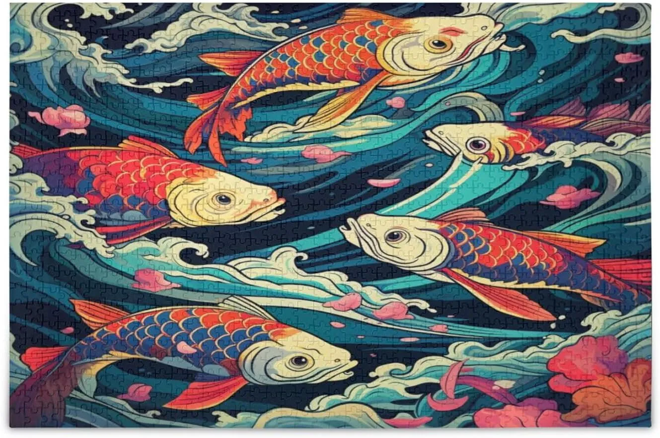 Fish and Waves Jigsaw Puzzle for Kids Adults 500 Piece Wooden Puzzle Educational Games Toy Gifts Home Decor