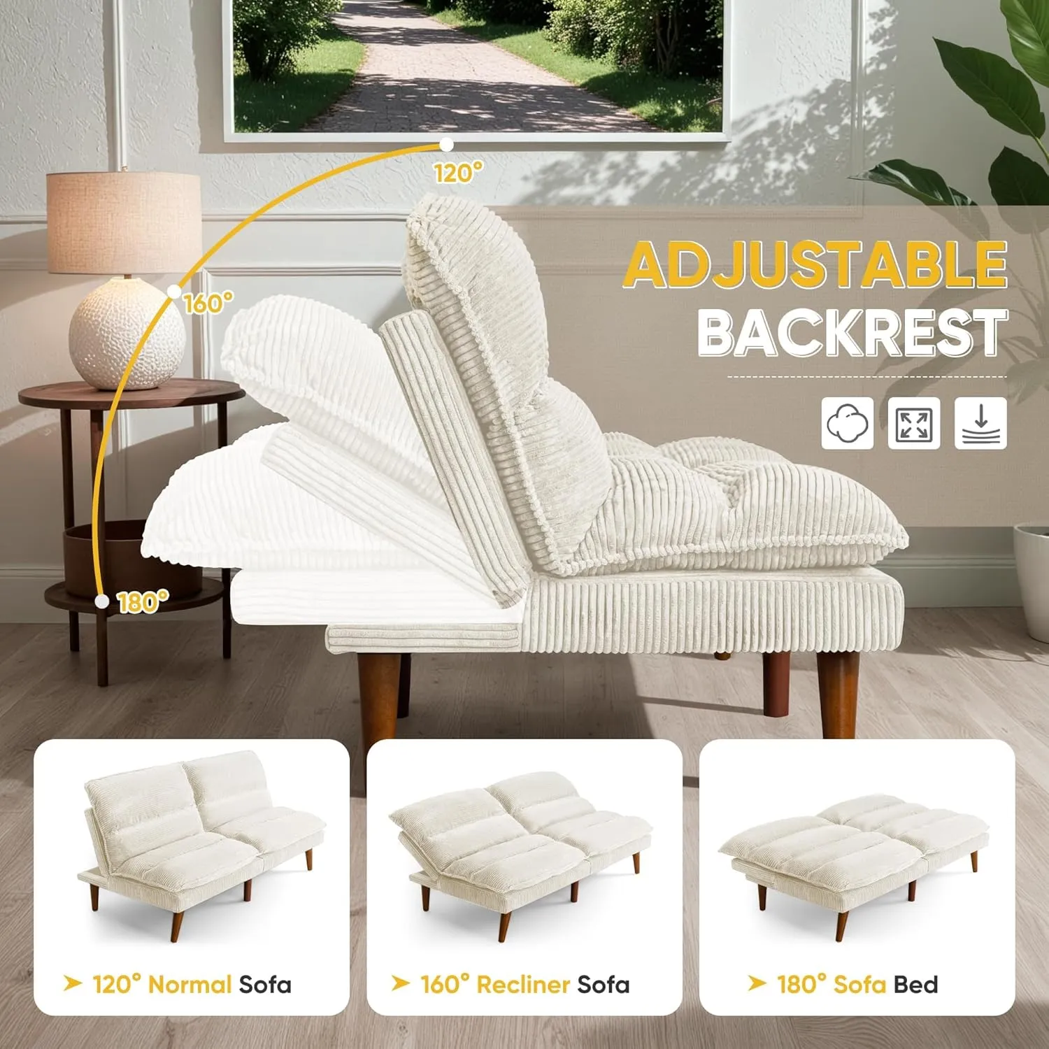 Flamaker Convertible Futon Sofa Bed Futon Couch with Adjustable Back Upholstered Sleeper Sofa Bed for Living Room Furniture (Corduroy, White)