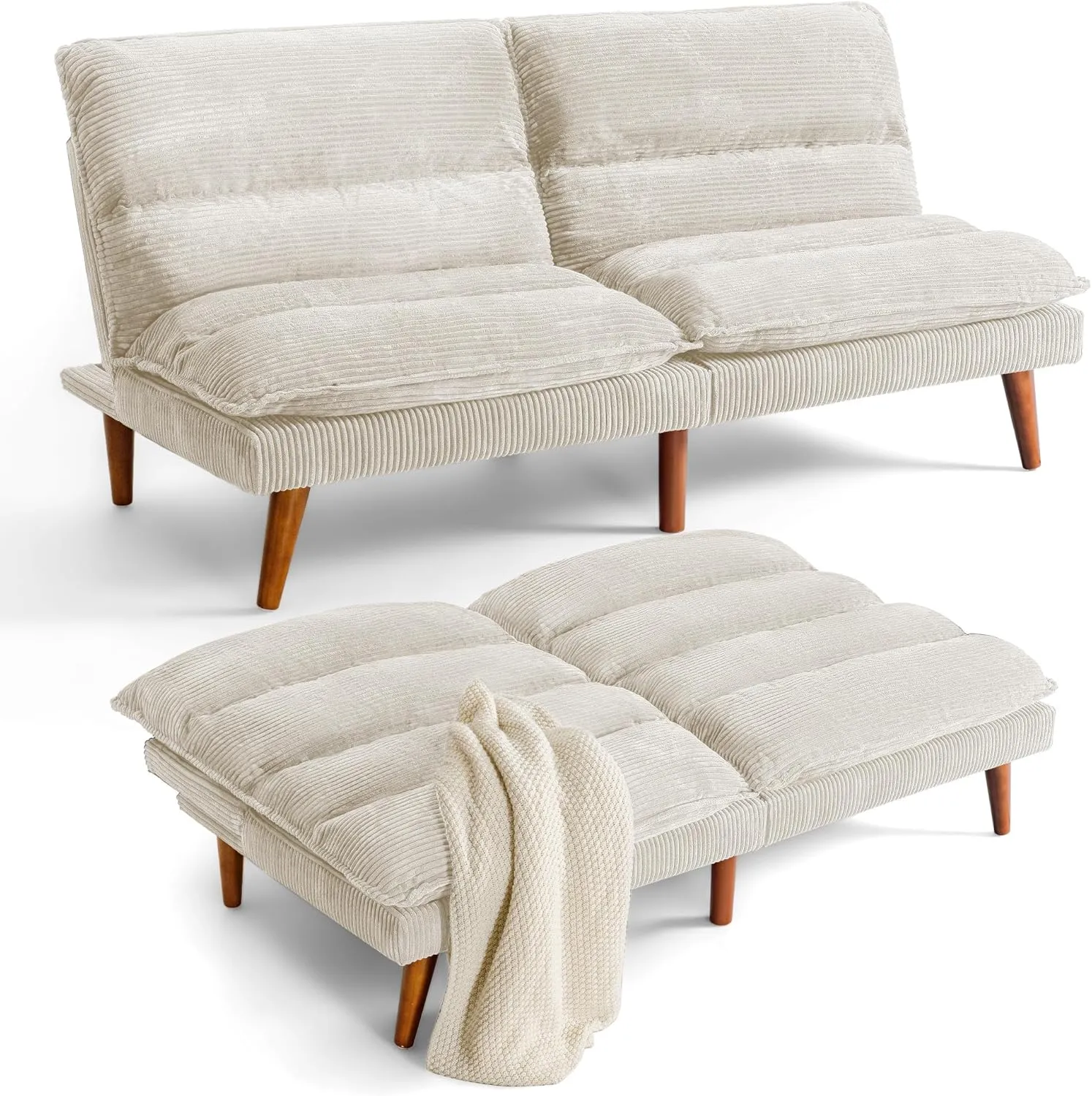Flamaker Convertible Futon Sofa Bed Futon Couch with Adjustable Back Upholstered Sleeper Sofa Bed for Living Room Furniture (Corduroy, White)