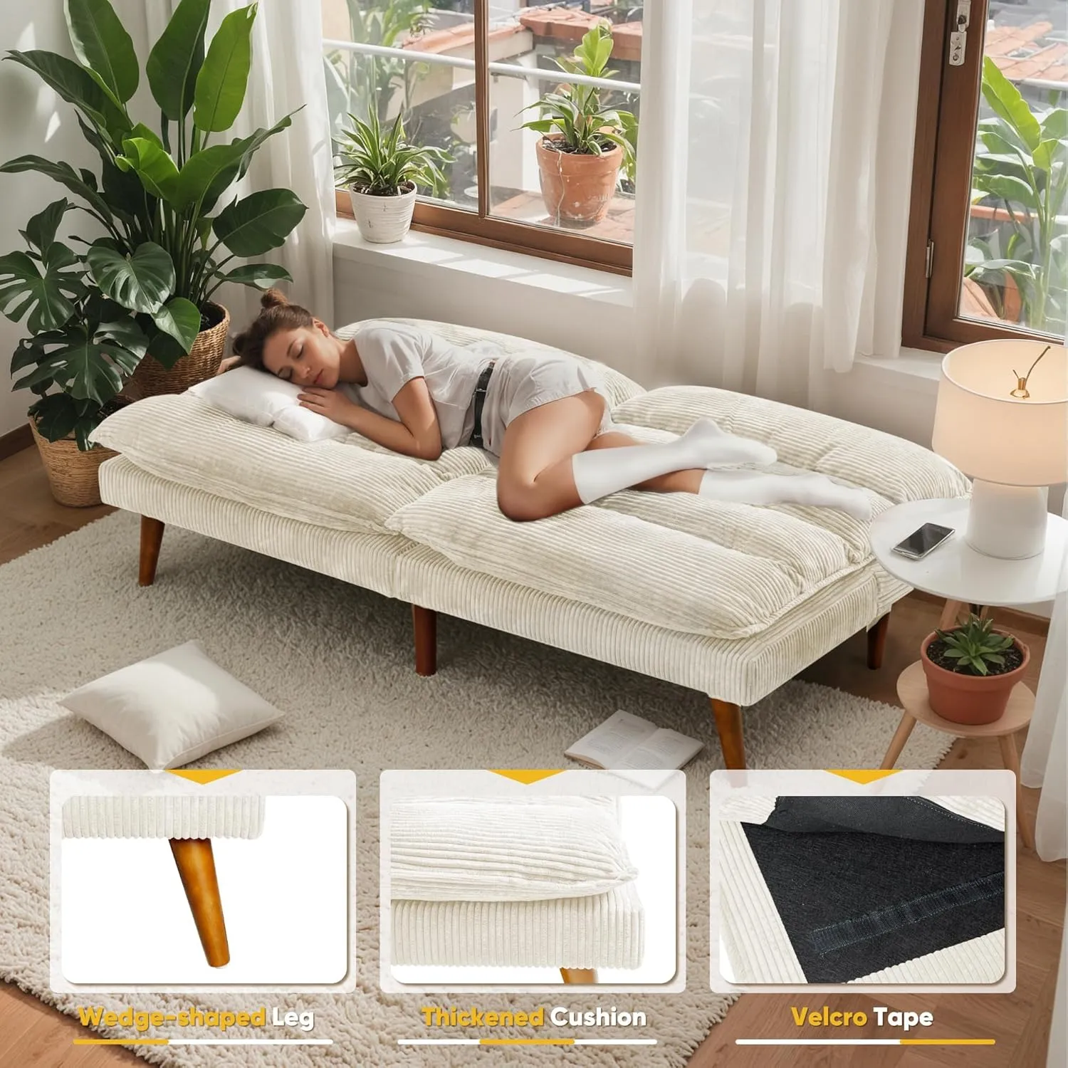 Flamaker Convertible Futon Sofa Bed Futon Couch with Adjustable Back Upholstered Sleeper Sofa Bed for Living Room Furniture (Corduroy, White)
