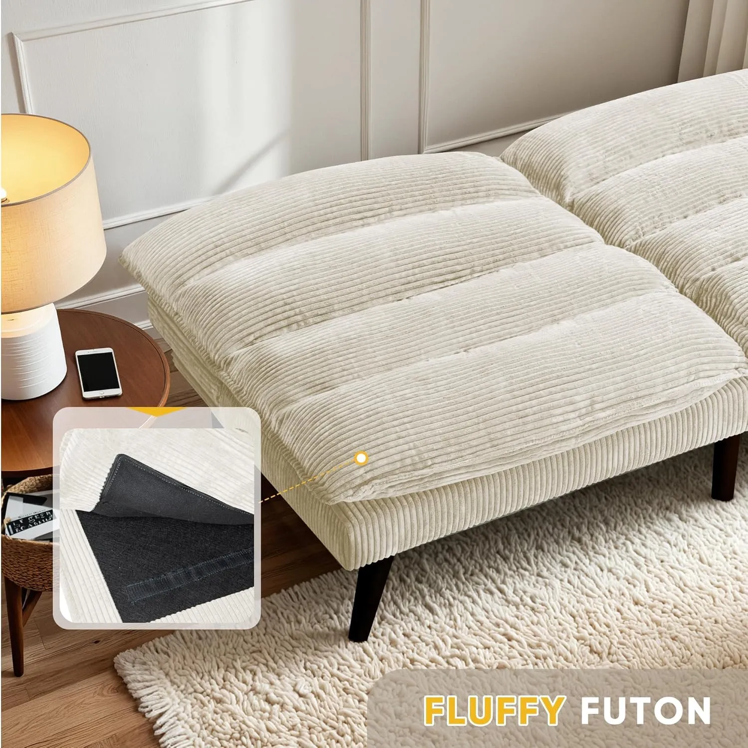 Flamaker Convertible Futon Sofa Bed Futon Couch with Adjustable Back Upholstered Sleeper Sofa Bed for Living Room Furniture (Corduroy, White)
