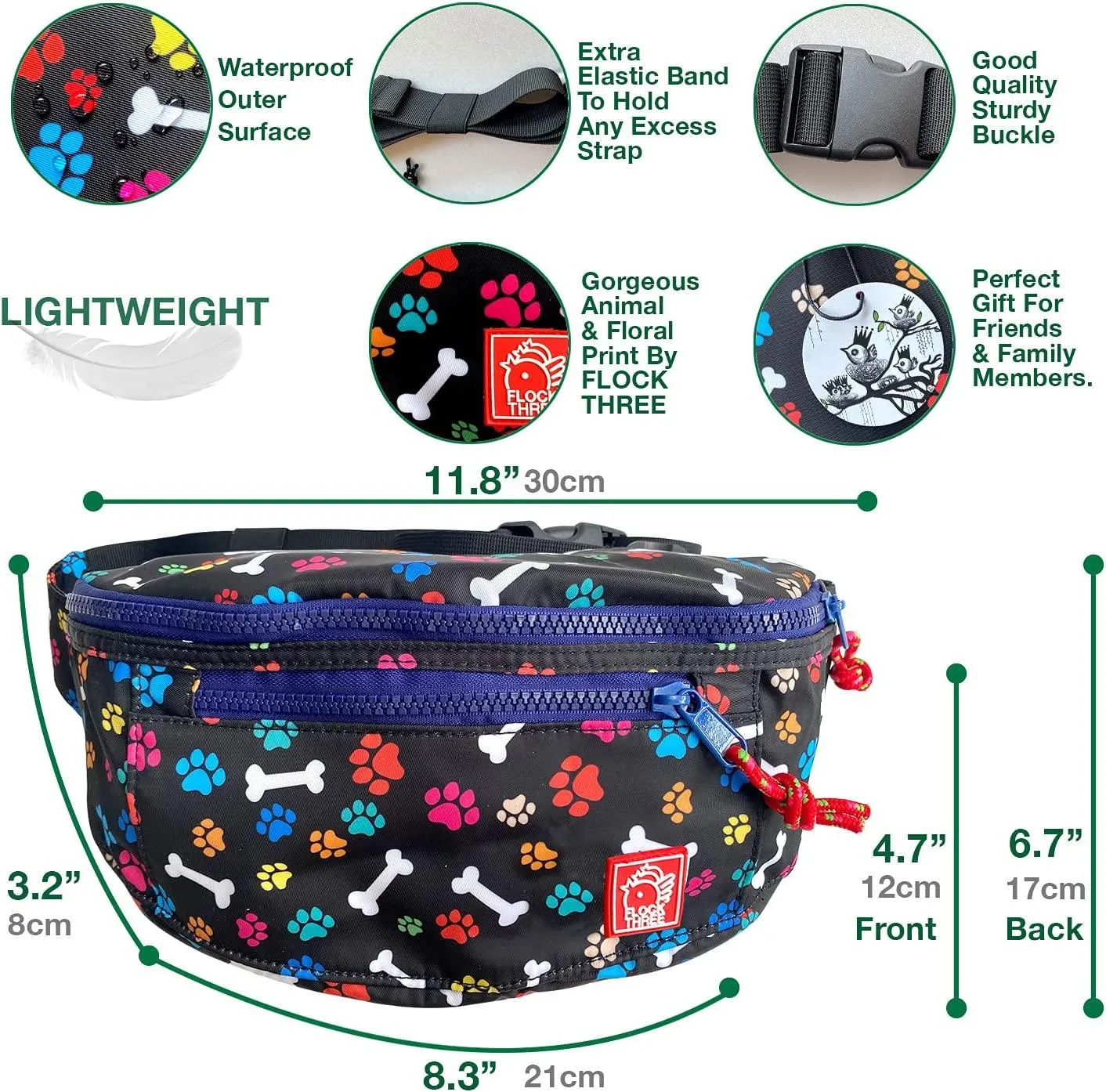 FLOCK THREE Waterproof Crossbody Bag Women Large Fashionable Waist Packs Men Outdoor Vintage 80s 90s Fanny Pack Festival Day Casual Bag for Dog Lover Hiking Walking Cycling Traveling (Doggy Walk)