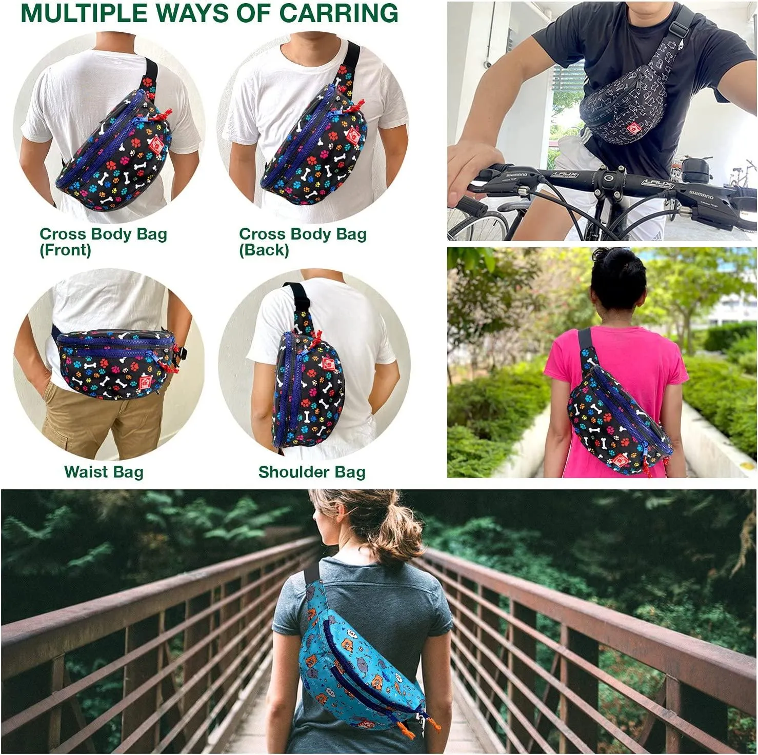 FLOCK THREE Waterproof Crossbody Bag Women Large Fashionable Waist Packs Men Outdoor Vintage 80s 90s Fanny Pack Festival Day Casual Bag for Dog Lover Hiking Walking Cycling Traveling (Doggy Walk)
