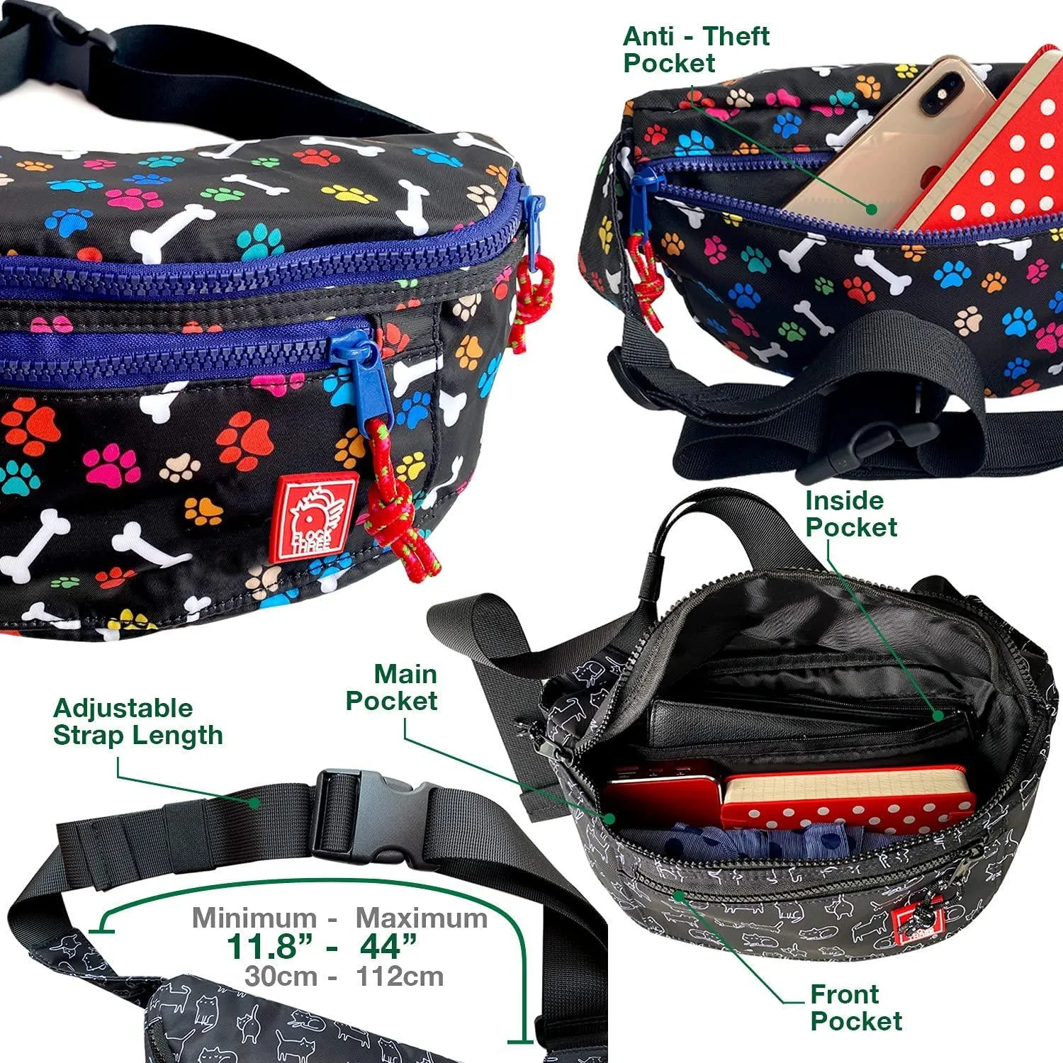 FLOCK THREE Waterproof Crossbody Bag Women Large Fashionable Waist Packs Men Outdoor Vintage 80s 90s Fanny Pack Festival Day Casual Bag for Dog Lover Hiking Walking Cycling Traveling (Doggy Walk)