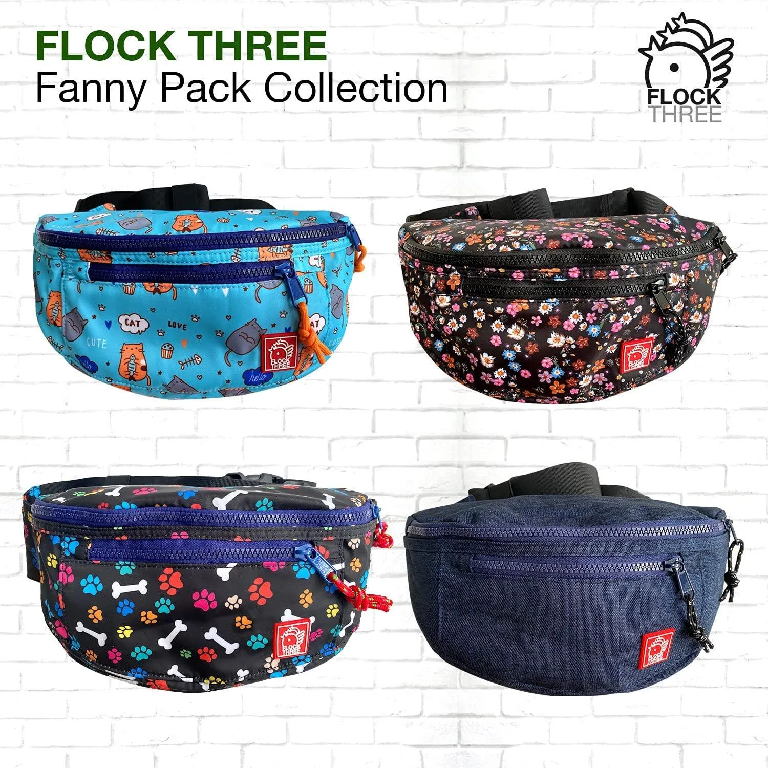 FLOCK THREE Waterproof Crossbody Bag Women Large Fashionable Waist Packs Men Outdoor Vintage 80s 90s Fanny Pack Festival Day Casual Bag for Dog Lover Hiking Walking Cycling Traveling (Doggy Walk)