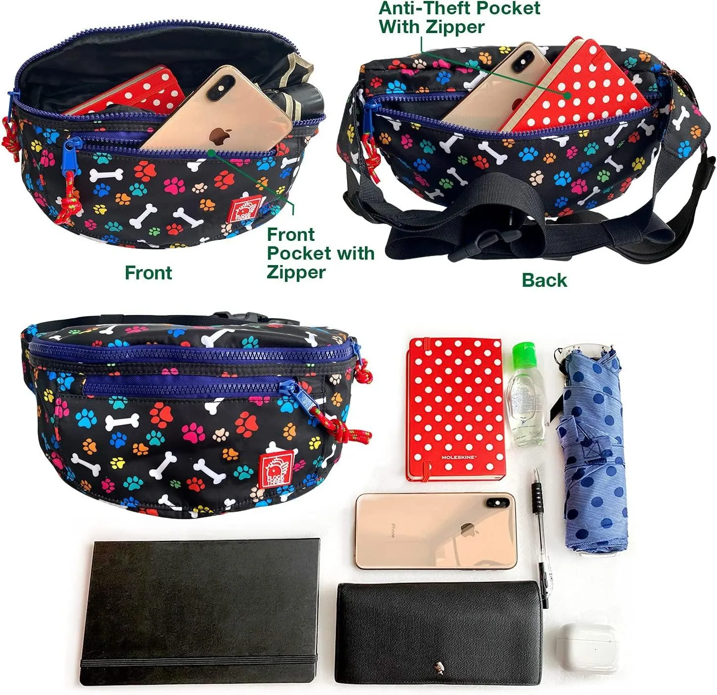 FLOCK THREE Waterproof Crossbody Bag Women Large Fashionable Waist Packs Men Outdoor Vintage 80s 90s Fanny Pack Festival Day Casual Bag for Dog Lover Hiking Walking Cycling Traveling (Doggy Walk)