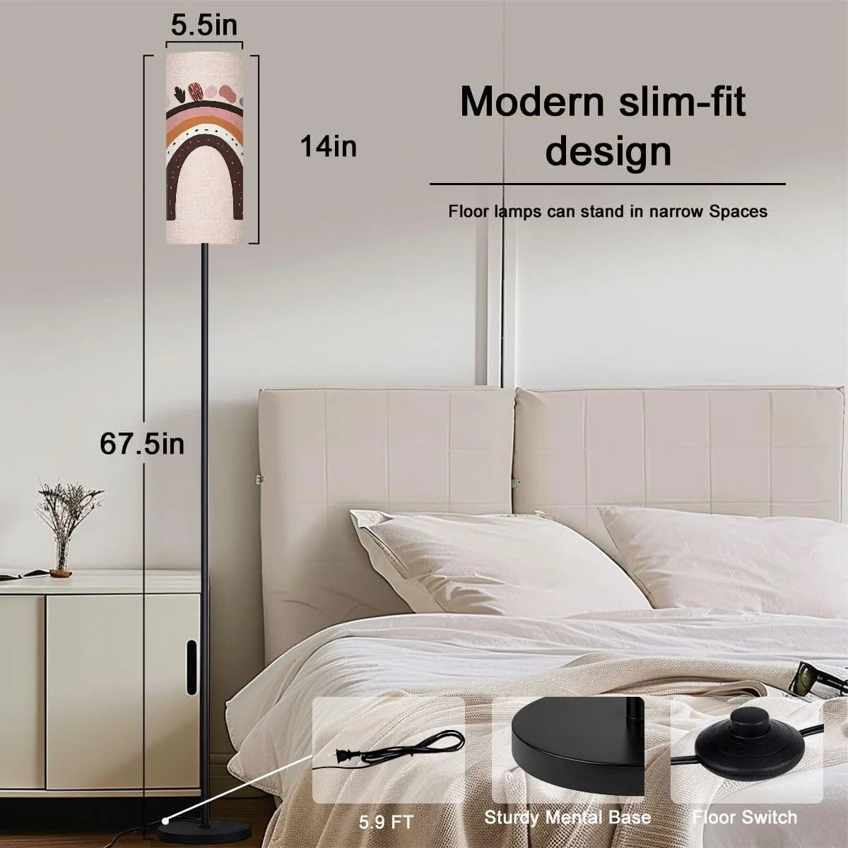 Floor Lamp for Living Room Boho Rainbow Print for playroom Kids Flat Light Stand Lamp with Remote Control Dimmable LED Tall Lamps for Bedrooms Reading Western Home Decor