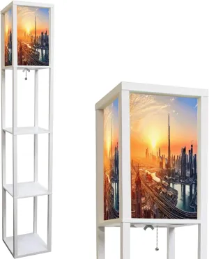 Floor Lamp with Shelves by Wood, City Lights Sunrise Organizer Storage Shelf Linen Shade White Floor Lamp, for Bedroom Living Room Office
