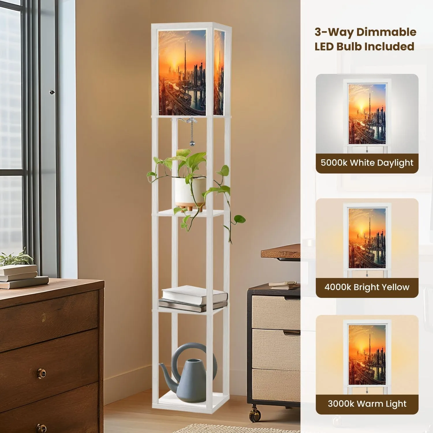 Floor Lamp with Shelves by Wood, City Lights Sunrise Organizer Storage Shelf Linen Shade White Floor Lamp, for Bedroom Living Room Office