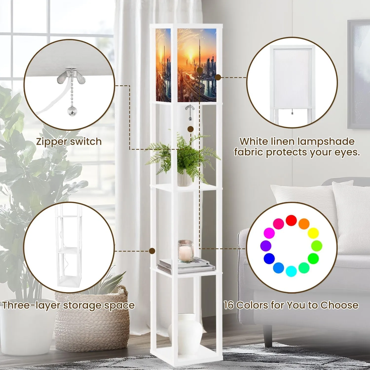Floor Lamp with Shelves by Wood, City Lights Sunrise Organizer Storage Shelf Linen Shade White Floor Lamp, for Bedroom Living Room Office