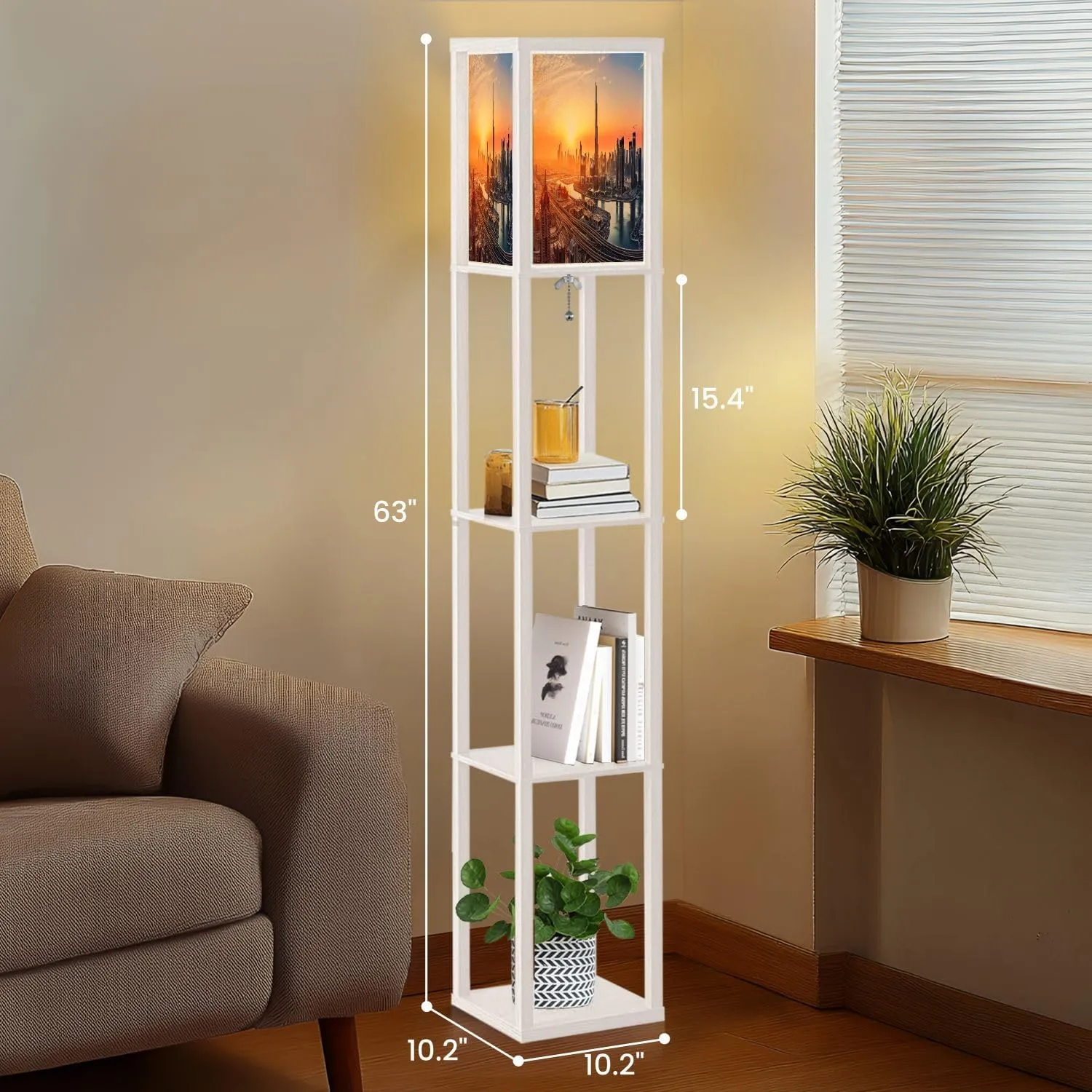 Floor Lamp with Shelves by Wood, City Lights Sunrise Organizer Storage Shelf Linen Shade White Floor Lamp, for Bedroom Living Room Office