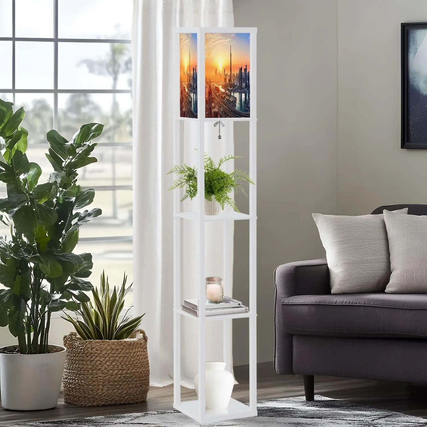 Floor Lamp with Shelves by Wood, City Lights Sunrise Organizer Storage Shelf Linen Shade White Floor Lamp, for Bedroom Living Room Office