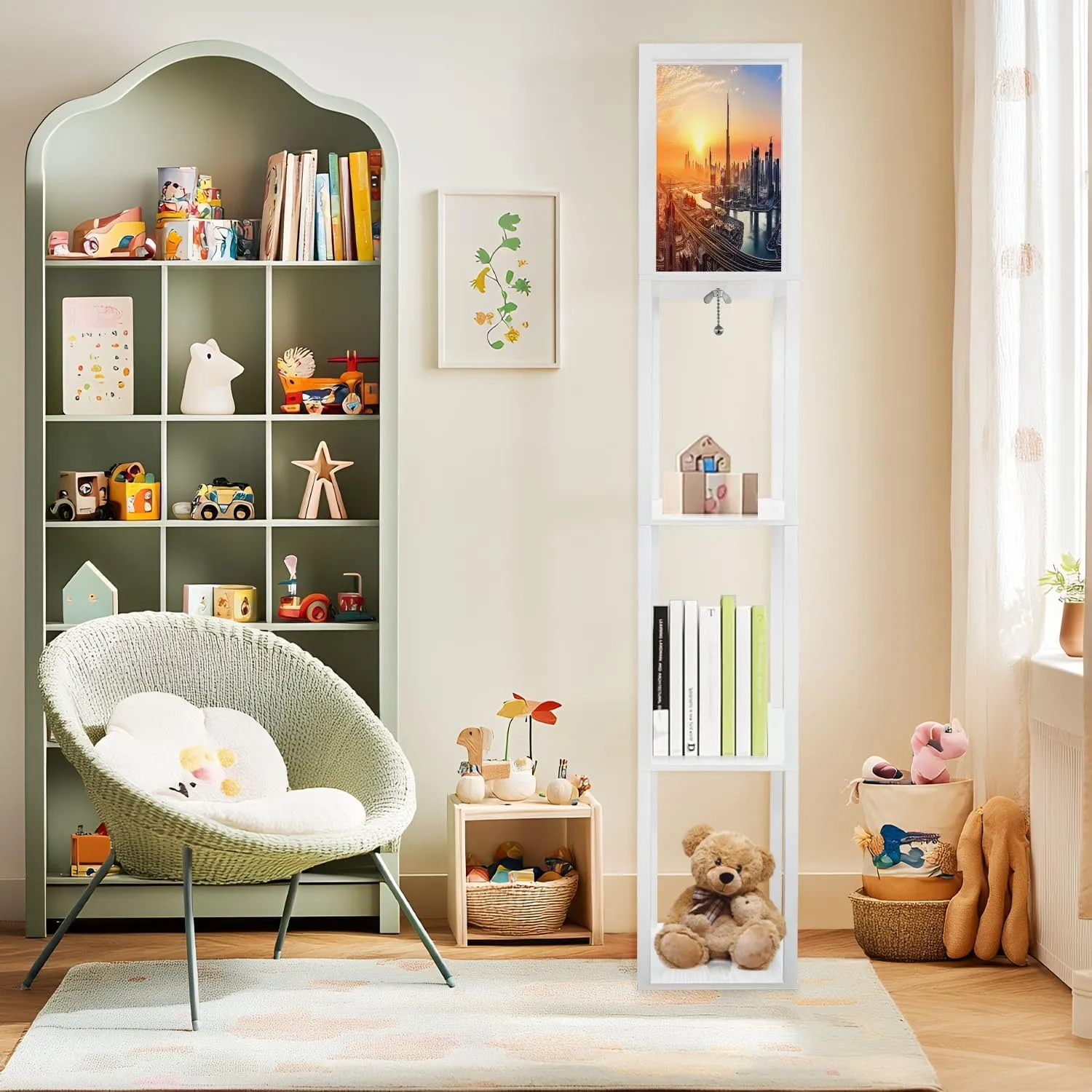 Floor Lamp with Shelves by Wood, City Lights Sunrise Organizer Storage Shelf Linen Shade White Floor Lamp, for Bedroom Living Room Office