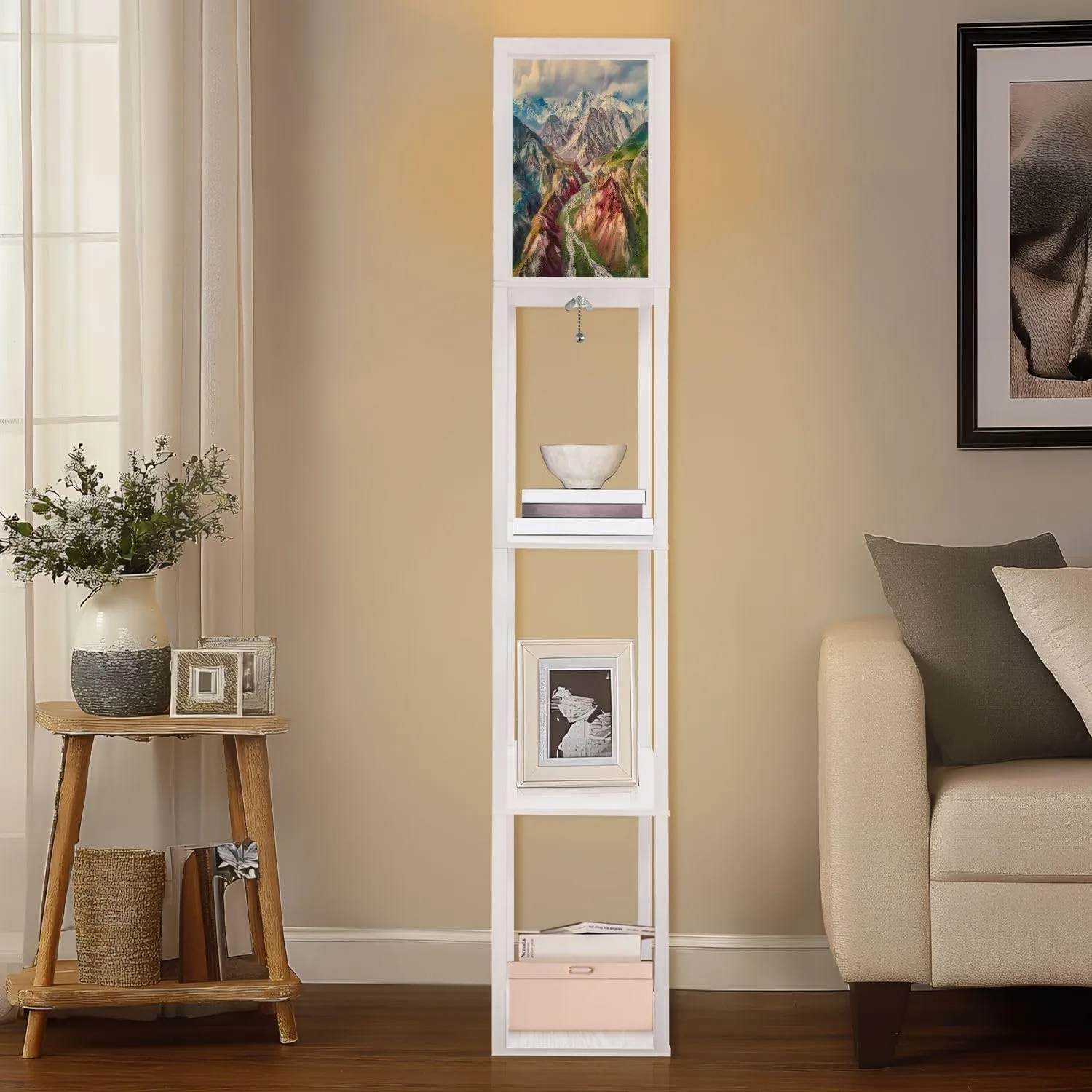 Floor Lamp with Shelves by Wood, Mount Lenin seen from Basecamp Kyrgyzstan Taken August 2018 Organizer Storage Shelf Linen Shade White Floor Lamp, for Bedroom Living Room Office
