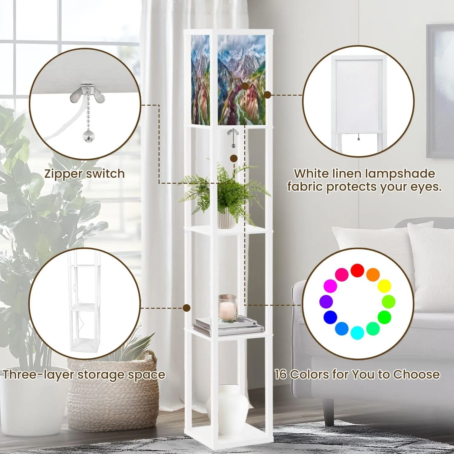 Floor Lamp with Shelves by Wood, Mount Lenin seen from Basecamp Kyrgyzstan Taken August 2018 Organizer Storage Shelf Linen Shade White Floor Lamp, for Bedroom Living Room Office