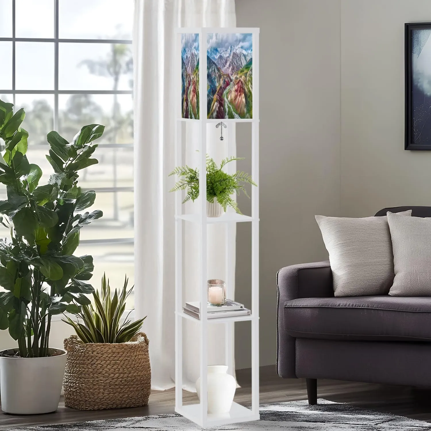 Floor Lamp with Shelves by Wood, Mount Lenin seen from Basecamp Kyrgyzstan Taken August 2018 Organizer Storage Shelf Linen Shade White Floor Lamp, for Bedroom Living Room Office