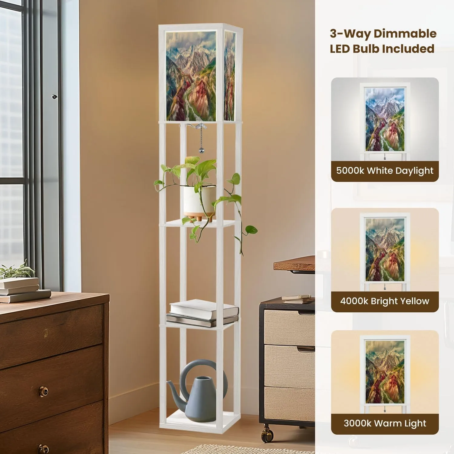 Floor Lamp with Shelves by Wood, Mount Lenin seen from Basecamp Kyrgyzstan Taken August 2018 Organizer Storage Shelf Linen Shade White Floor Lamp, for Bedroom Living Room Office