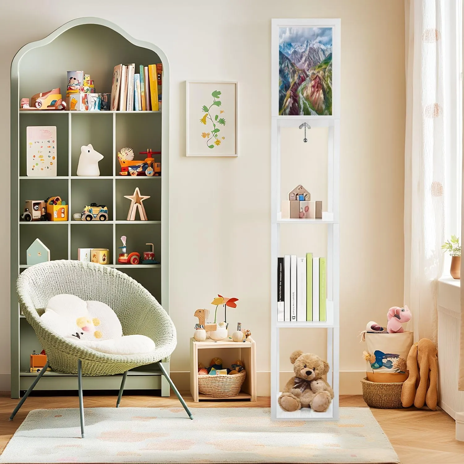 Floor Lamp with Shelves by Wood, Mount Lenin seen from Basecamp Kyrgyzstan Taken August 2018 Organizer Storage Shelf Linen Shade White Floor Lamp, for Bedroom Living Room Office