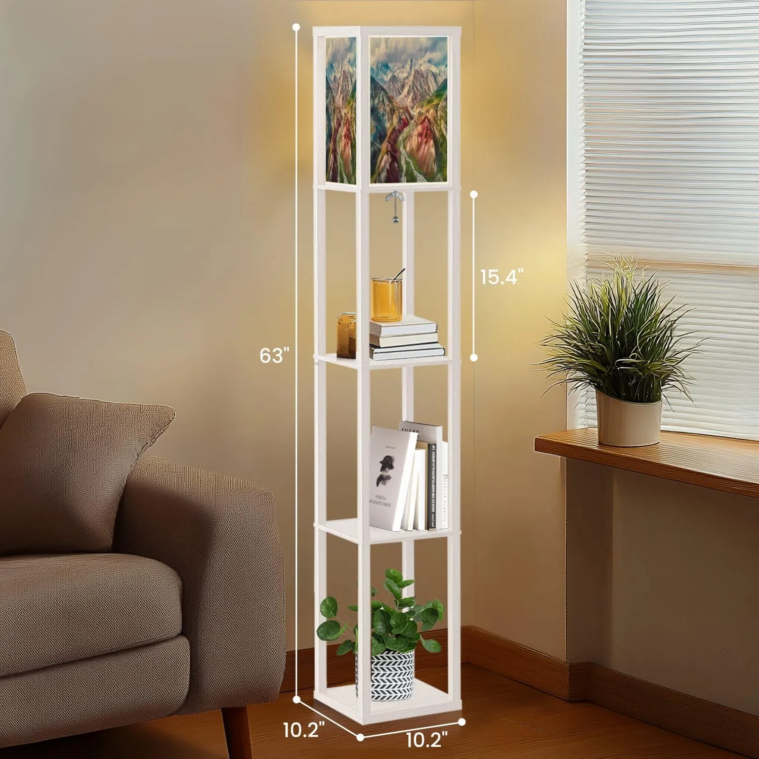 Floor Lamp with Shelves by Wood, Mount Lenin seen from Basecamp Kyrgyzstan Taken August 2018 Organizer Storage Shelf Linen Shade White Floor Lamp, for Bedroom Living Room Office