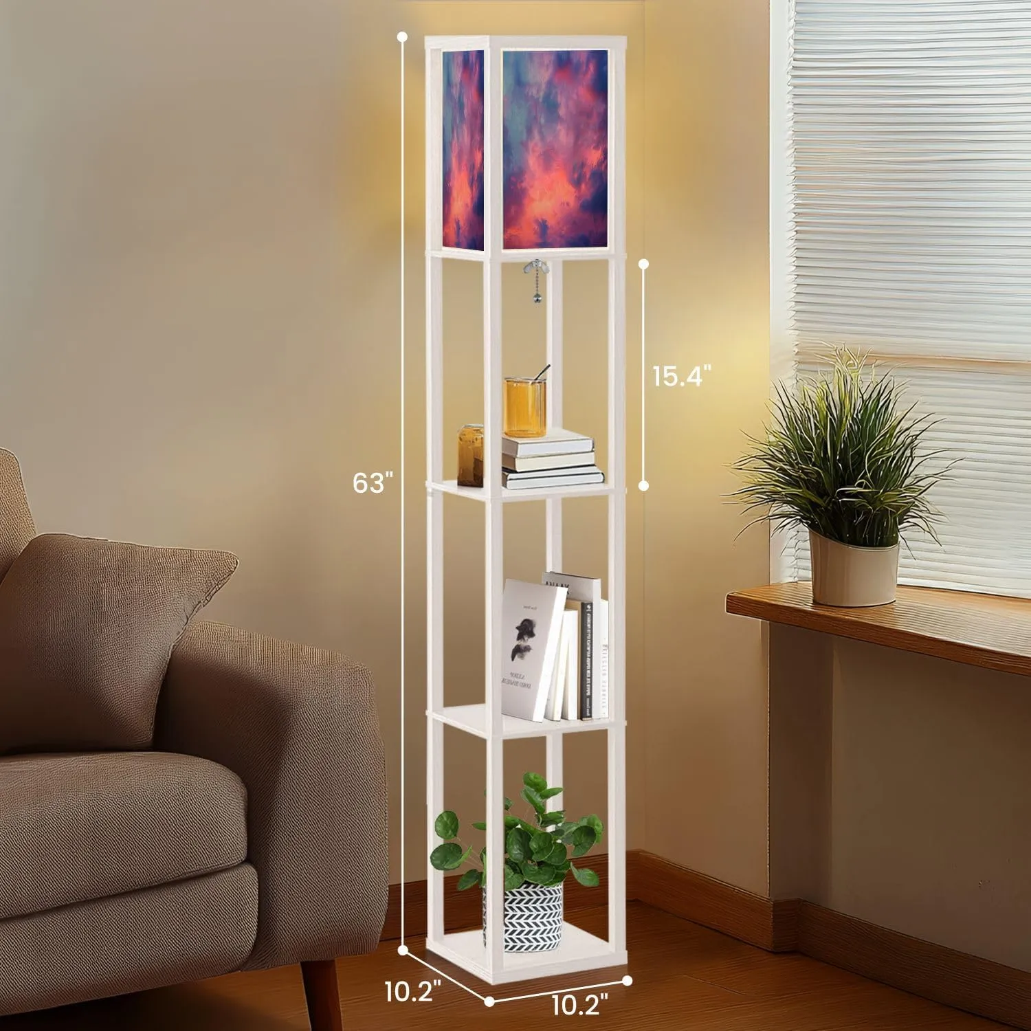 Floor Lamp with Shelves by Wood, Sunset Clouds Organizer Storage Shelf Linen Shade White Floor Lamp, for Bedroom Living Room Office