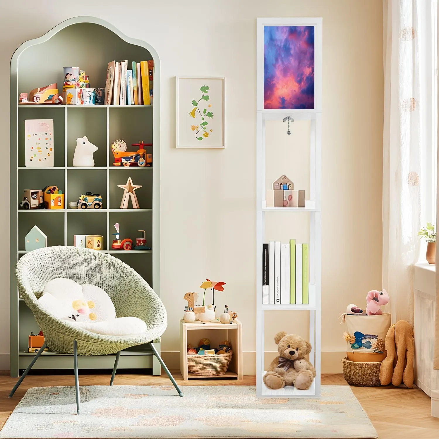 Floor Lamp with Shelves by Wood, Sunset Clouds Organizer Storage Shelf Linen Shade White Floor Lamp, for Bedroom Living Room Office