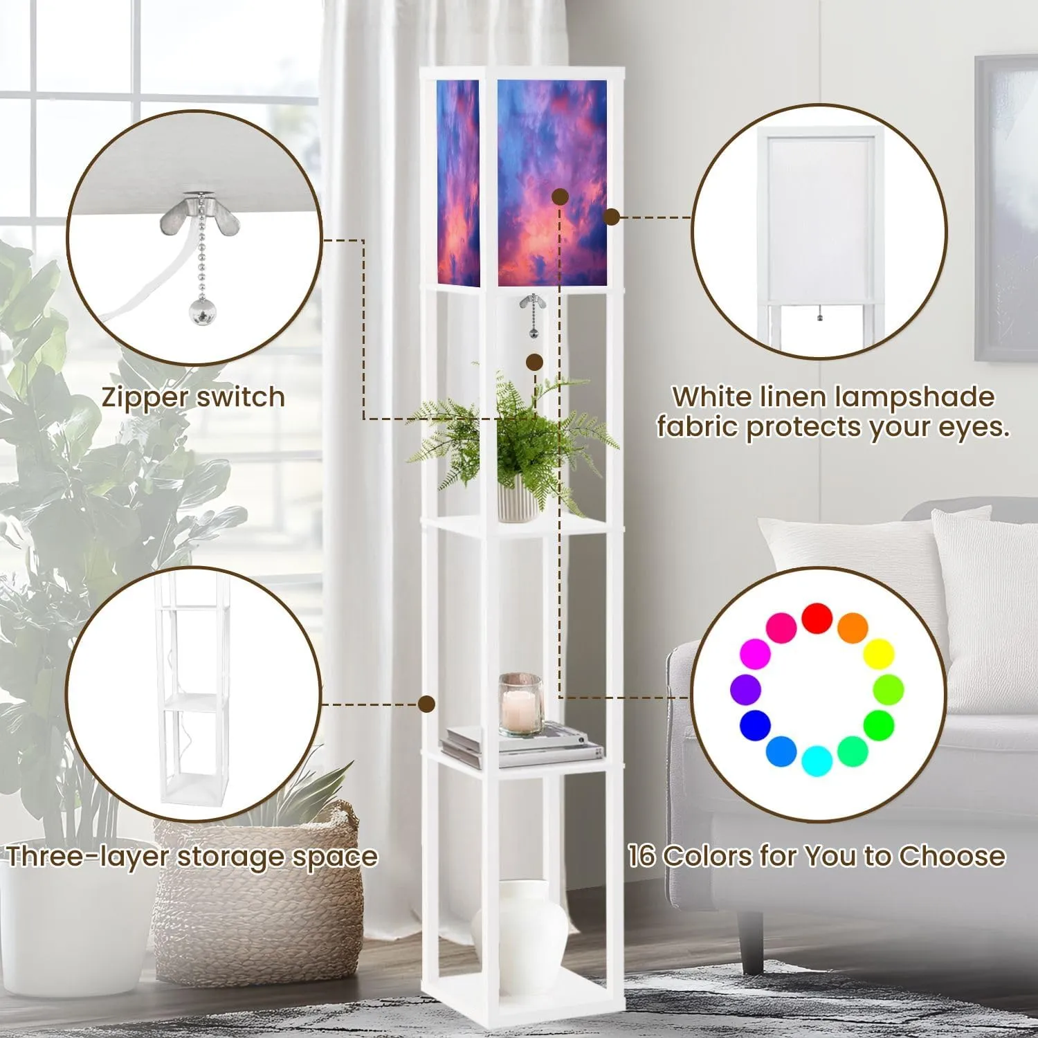 Floor Lamp with Shelves by Wood, Sunset Clouds Organizer Storage Shelf Linen Shade White Floor Lamp, for Bedroom Living Room Office