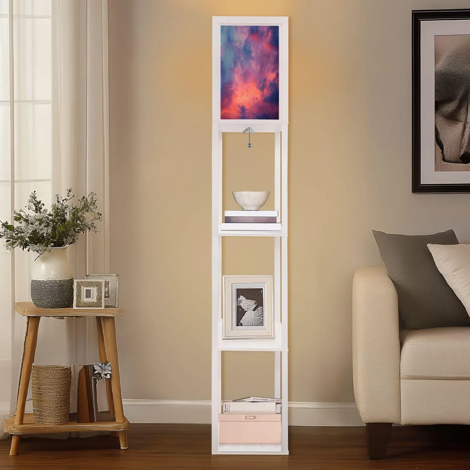 Floor Lamp with Shelves by Wood, Sunset Clouds Organizer Storage Shelf Linen Shade White Floor Lamp, for Bedroom Living Room Office