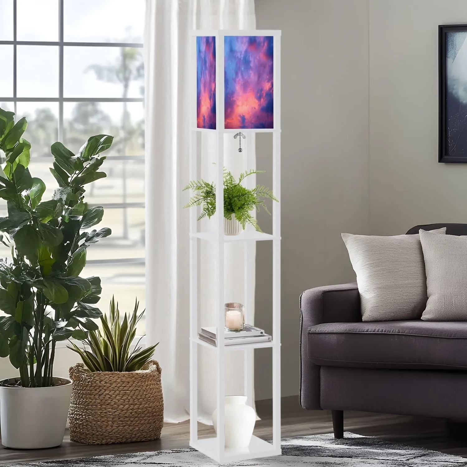 Floor Lamp with Shelves by Wood, Sunset Clouds Organizer Storage Shelf Linen Shade White Floor Lamp, for Bedroom Living Room Office
