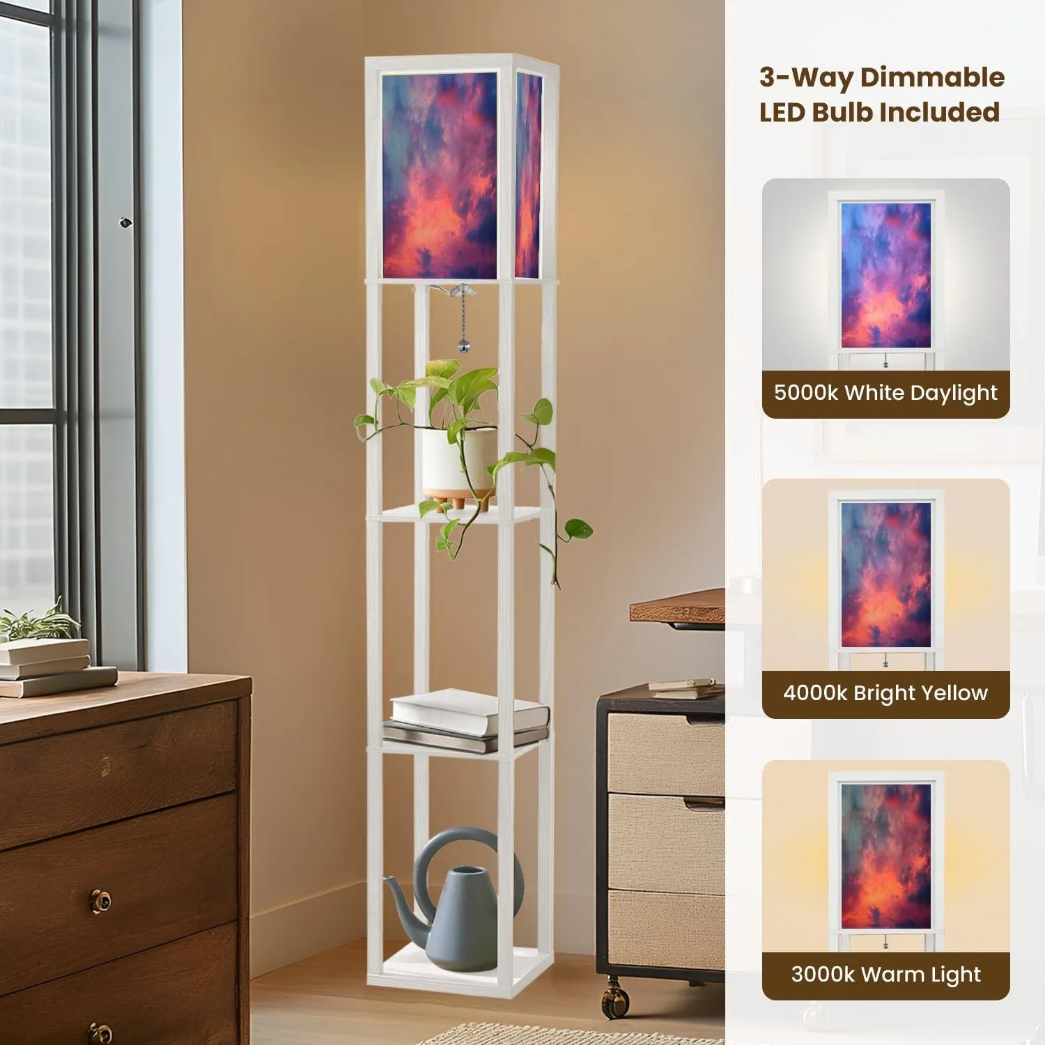 Floor Lamp with Shelves by Wood, Sunset Clouds Organizer Storage Shelf Linen Shade White Floor Lamp, for Bedroom Living Room Office