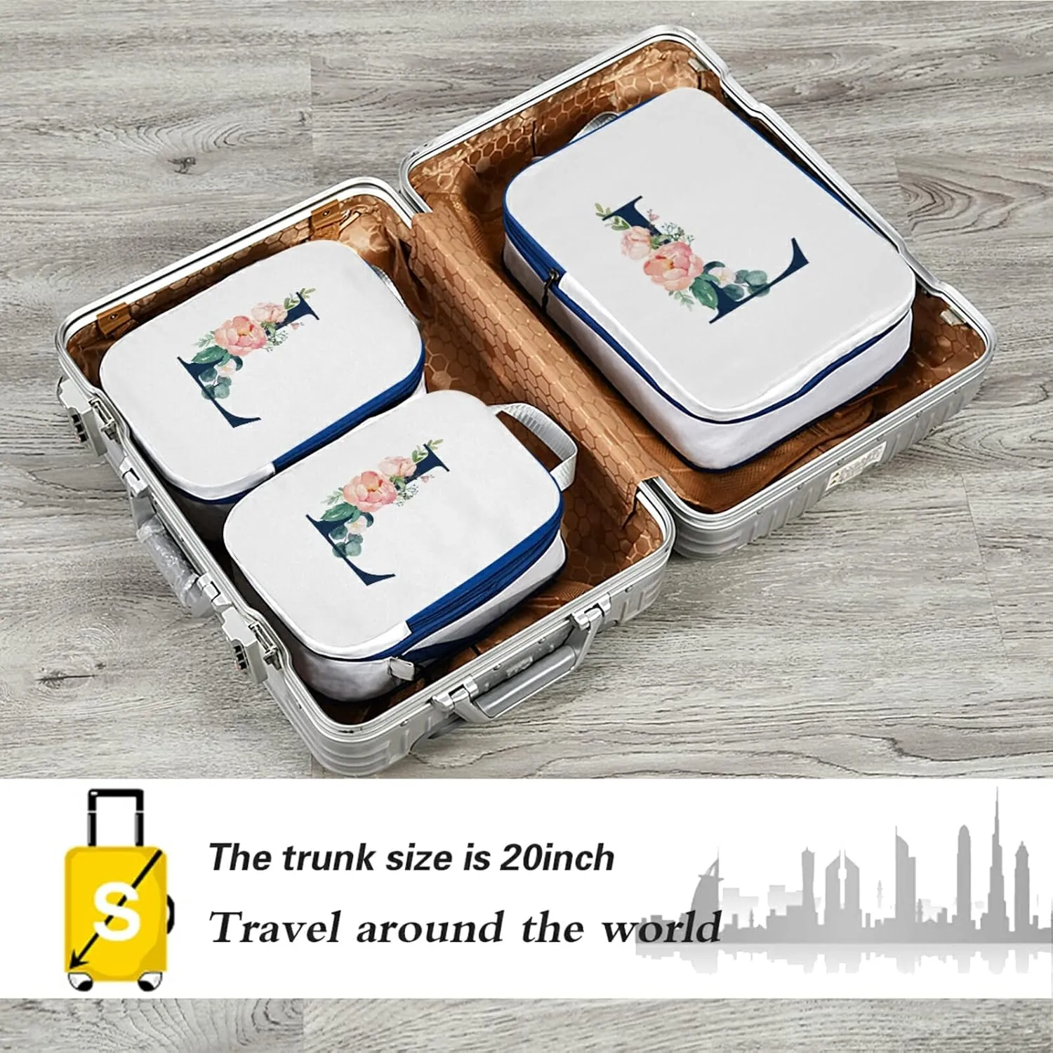 Floral Alphabet Monogrammed Rose Gold Letter 3 Piece set Cubes Expandable Adjustable Luggage Packing Bags, Ultralight Organizer Accessories Travel Suitcase Compressible Bags