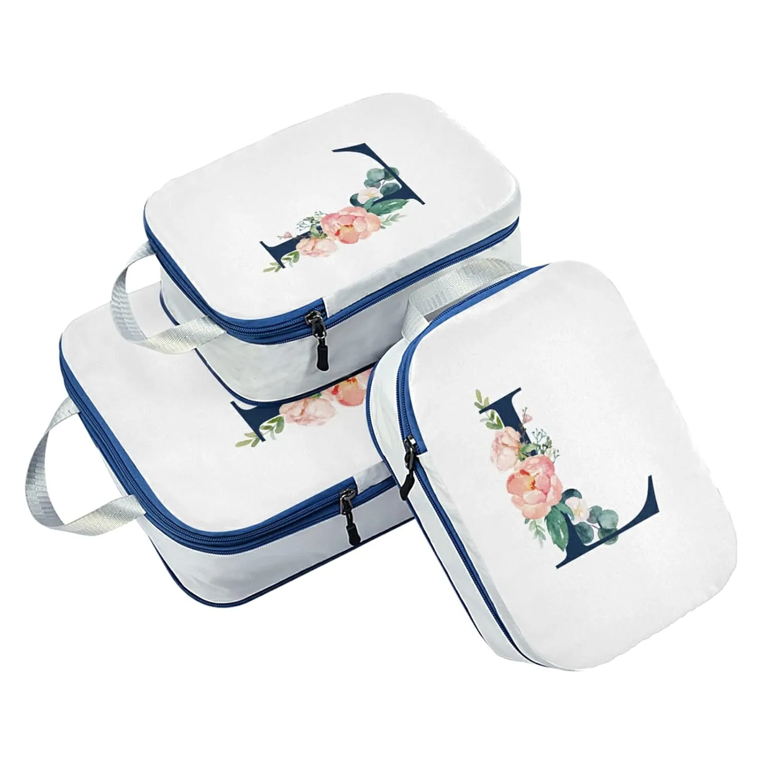 Floral Alphabet Monogrammed Rose Gold Letter 3 Piece set Cubes Expandable Adjustable Luggage Packing Bags, Ultralight Organizer Accessories Travel Suitcase Compressible Bags