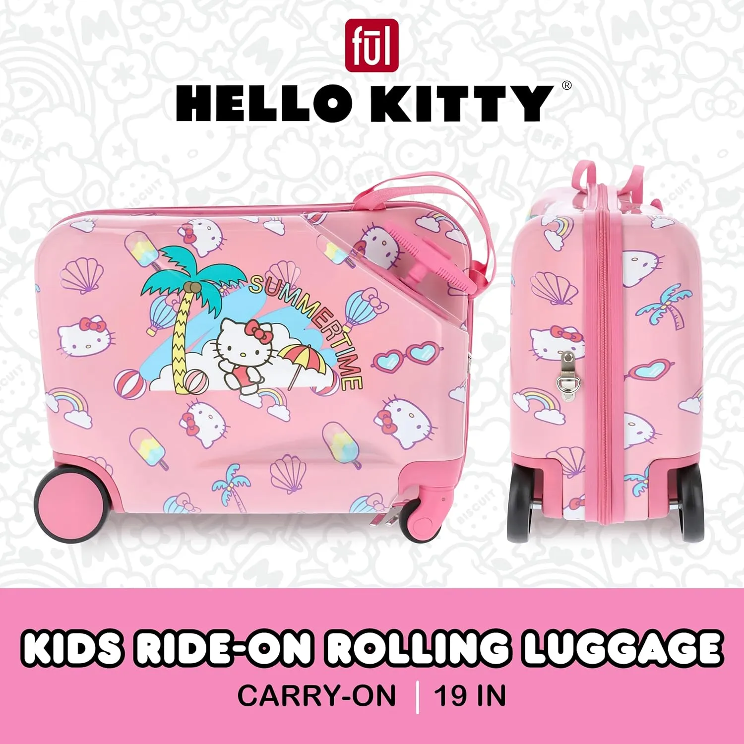 FUL Unisex Kid's Hello Kitty 21 Inch Carry On Luggage, Hardshell Rolling Suitcase with Spinner Wheels, Pink, 19 Inch