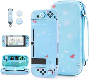 FUNDIARY Skiing of Sam Penguin Carrying Case for Nintendo Switch, Blue Travel Storage Bag Accessories for Switch Console with Soft TPU Protective Cover, Screen Protector, Shoulder Strap & 2 Thumb Caps